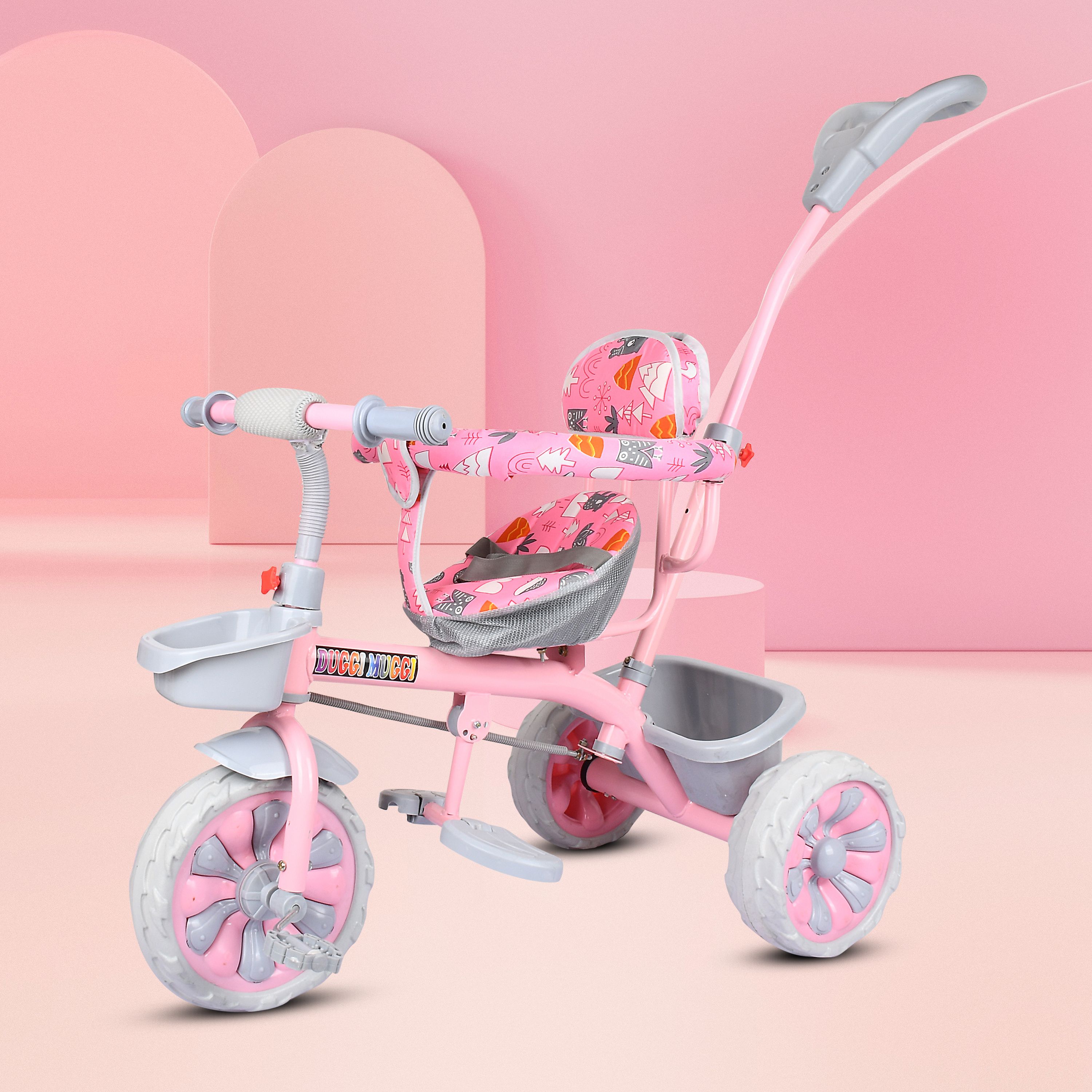 KIDS CYCLE STORAGE BASKET WITH PARENTAL HANDLE,SEFTY BELT BABY BOYS&BABY GIRLS SOFT CUSHION SEAT TRICYCLE Tricycle-image-37