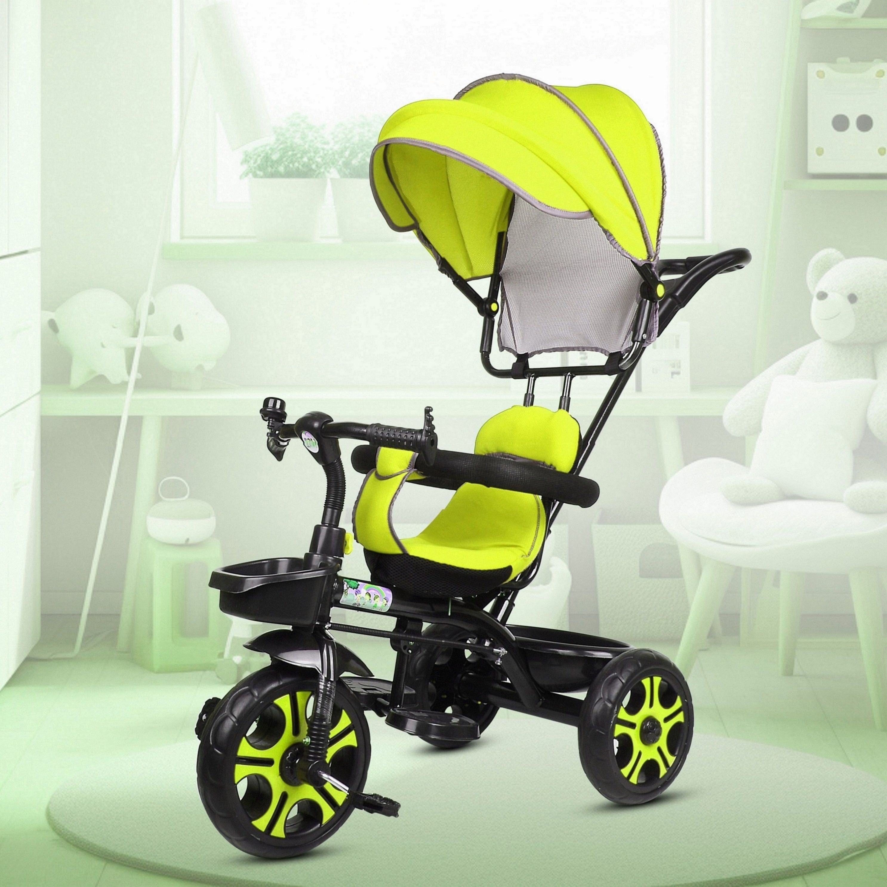Kids Canopy Tricycle with Soft Seat,Front-Back Basket,Parental Push Handle,Bell Best Styslish Canopy Tricycle for Babys with New Colours Blue::Black Tricycle-image-28
