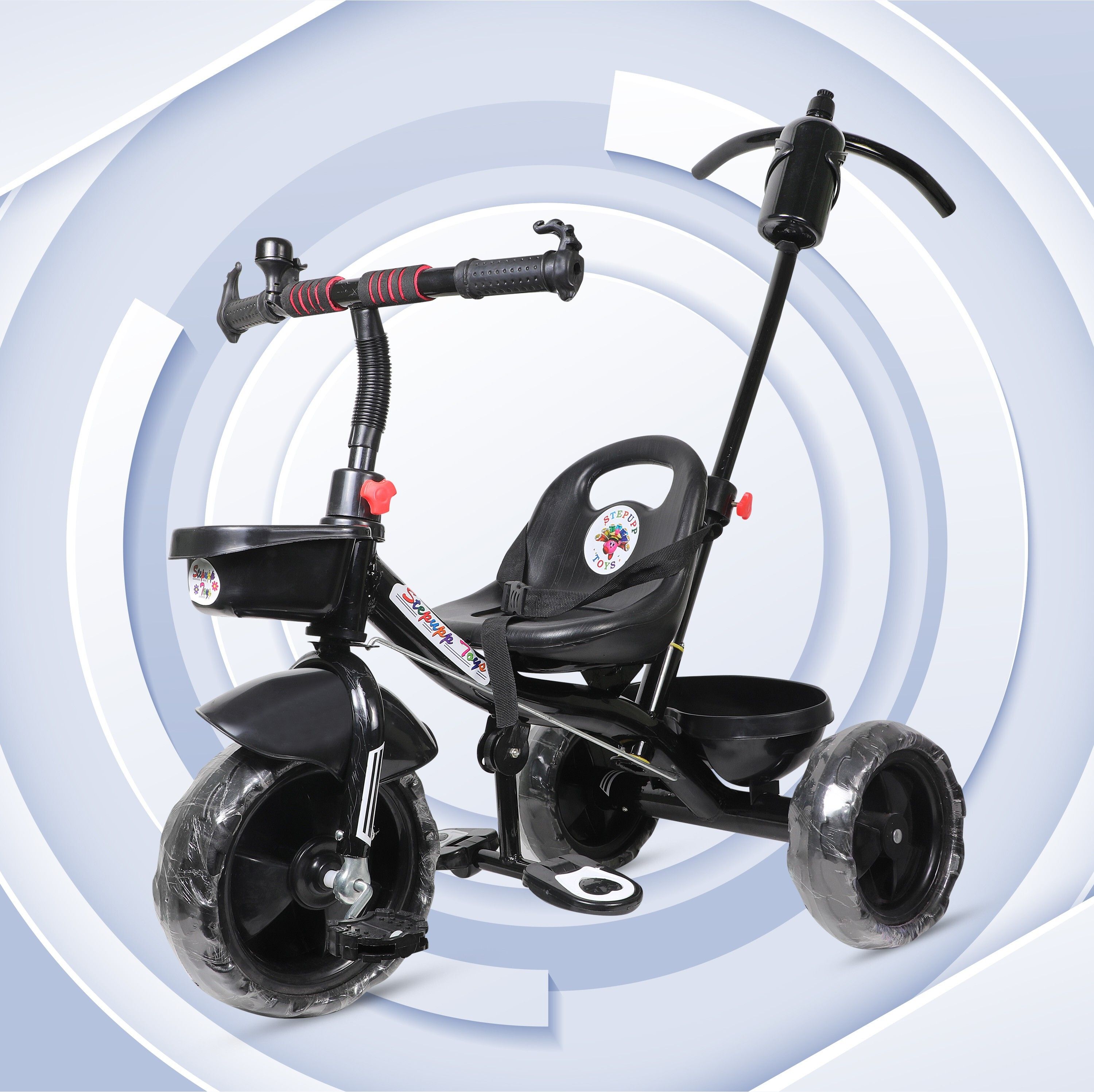 STEPUP GROW BABY TRICYCLE WITH BASKET AND PARENT HANDLE BLACK COLOUR FOR KIDS stp handle for kids-07 Tricycle