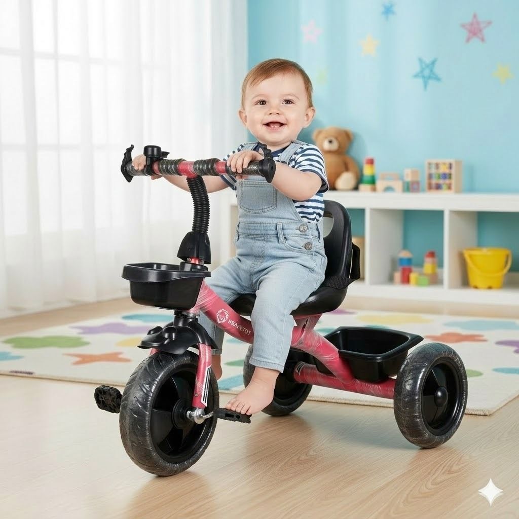 bravetot Kids Tricycle with Front & Rear Storage Baskets, Bell and Safety Belt Pink Basket 3 Tricycle-picture-0