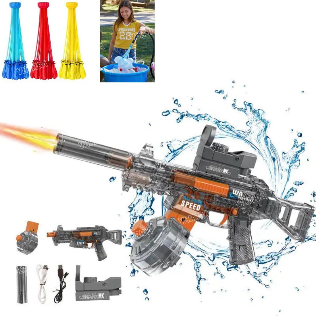 Combo Electric Water Gun with 111 Magic Balloons UMP45 Design, Sensor Light Water Gun