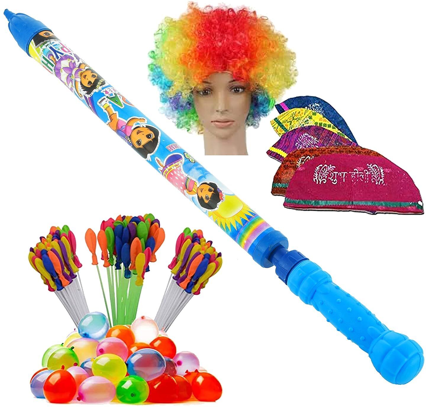 (1 Pichkari +3 Magic Balloon +10 Holi Cap +1 Malinga Wig)For Kids Holi Party Water Gun-image-32
