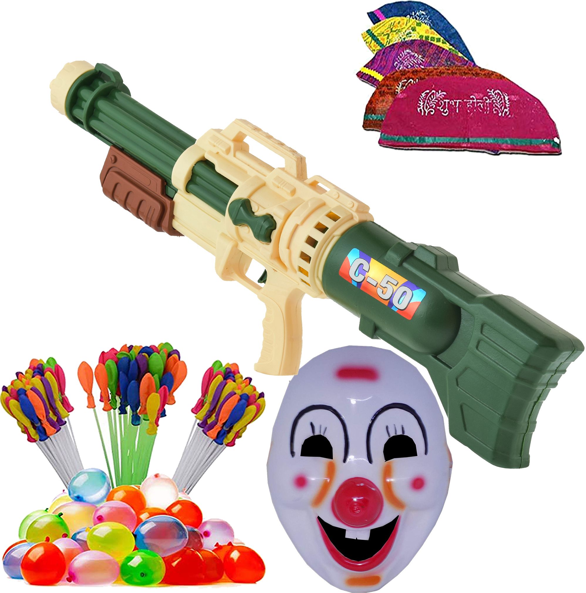 (1 Pichkari+ 3 Magic Balloon+ 10 Holi Cap+ 1 Mask)for Kids Holi & Pool Party Fun Water Gun-image-48