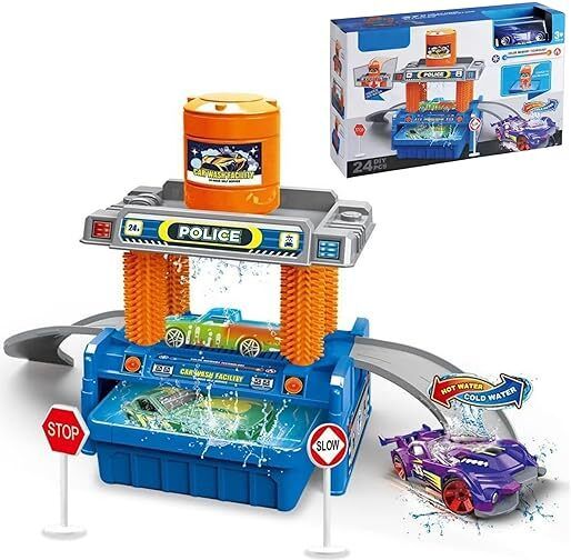 Water Wash Car Track Toy | Color Changing Vehicle Playset for Kids Water Gun