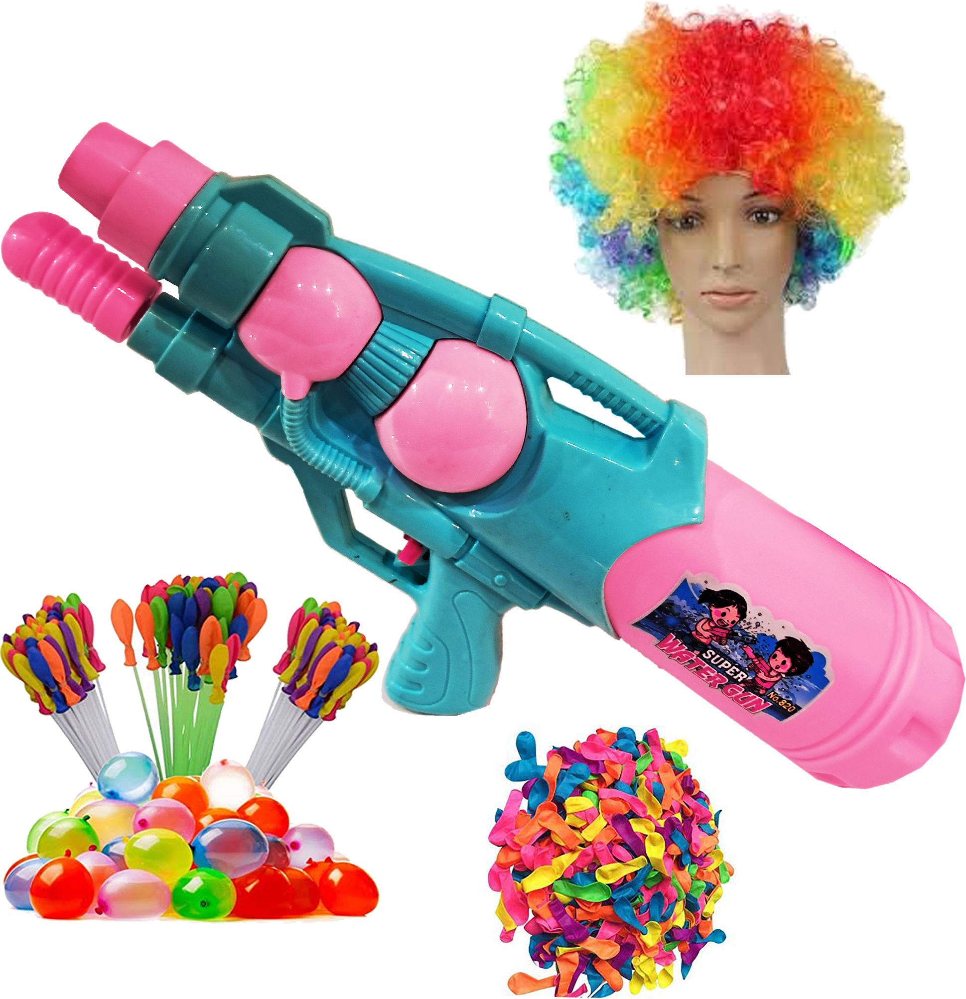 (1 Pichkari+ 3 Magic Balloon+100 Water Balloon+1 Malinga Wig)for Kids Holi Party Water Gun-image-26