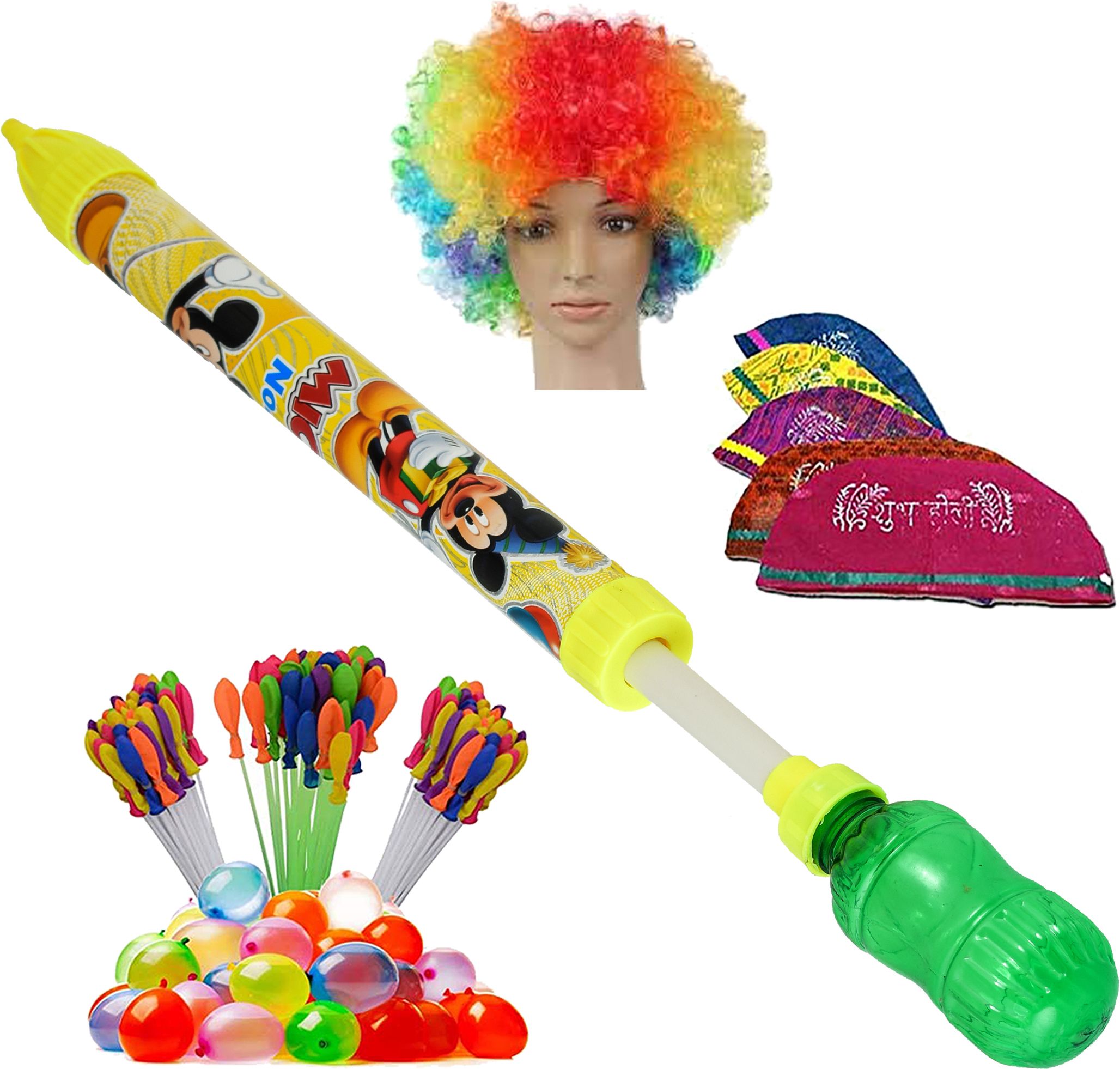 (1 Pichkari+ 3 Magic Balloon+10 Holi Cap+1 Malinga Wig)for Kids Holi Party Fun Water Gun-image-25