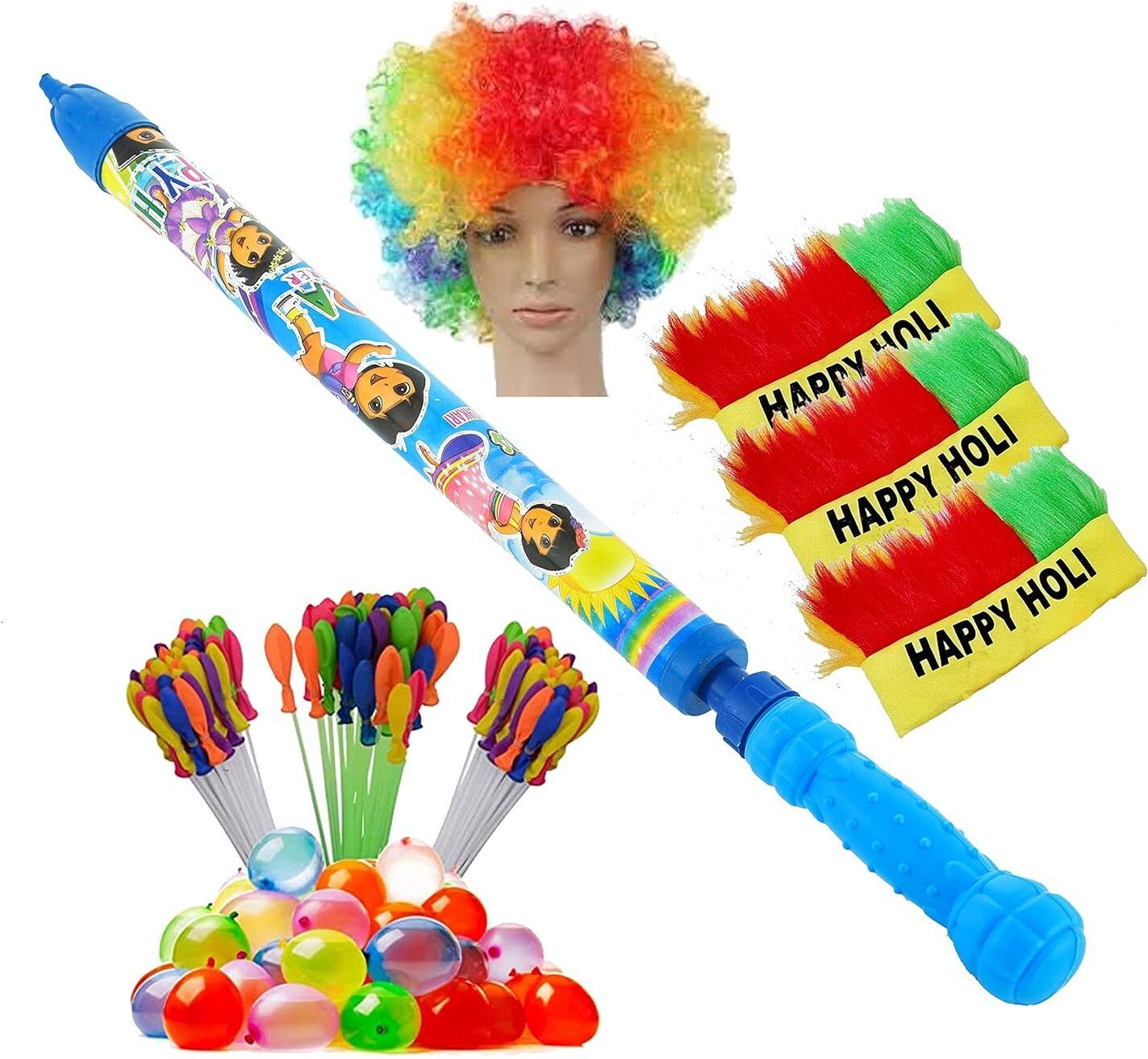 (1 Pichkari+ 3 Magic Balloon+ 3 Holi Cap+ 1 Malinga Wig)For Kids Party Fun Water Gun-image-49