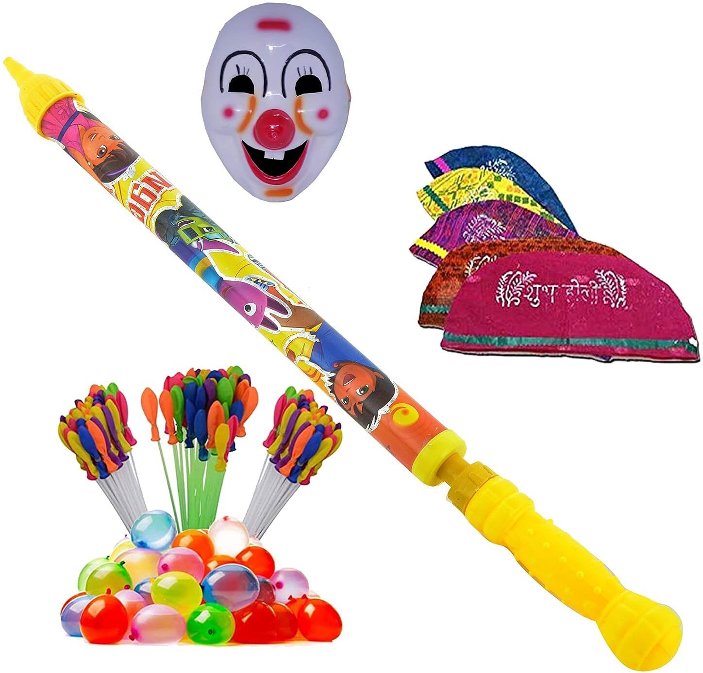 (1 Pichkari +3 Magic Balloon +10 Holi Cap +1 Mask)for Kids Holi Pool Party Fun Water Gun-image-42