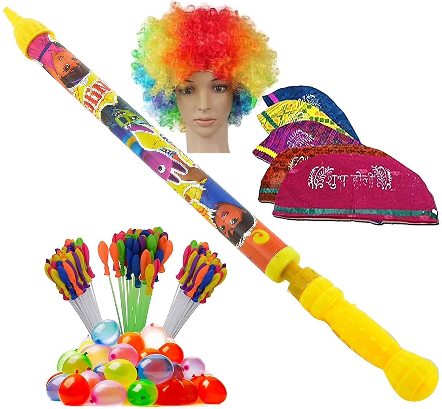 (1 Pichkari+3 Magic Balloon+10 Holi Cap+1 Malinga Wig)For Kid's Holi combo Pack Water Gun-image-5