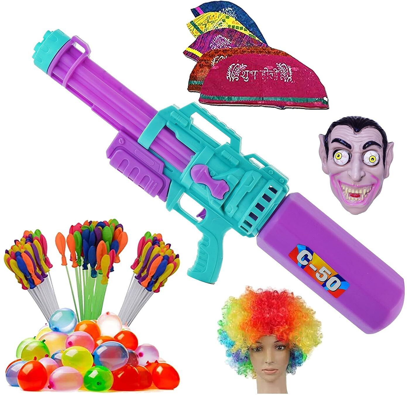 (1 Pichkari+3 Magic Balloon+10 Holi Cap+ 1 Joker Mask +1 Malinga Wig)Combo Pack Water Gun-image-33