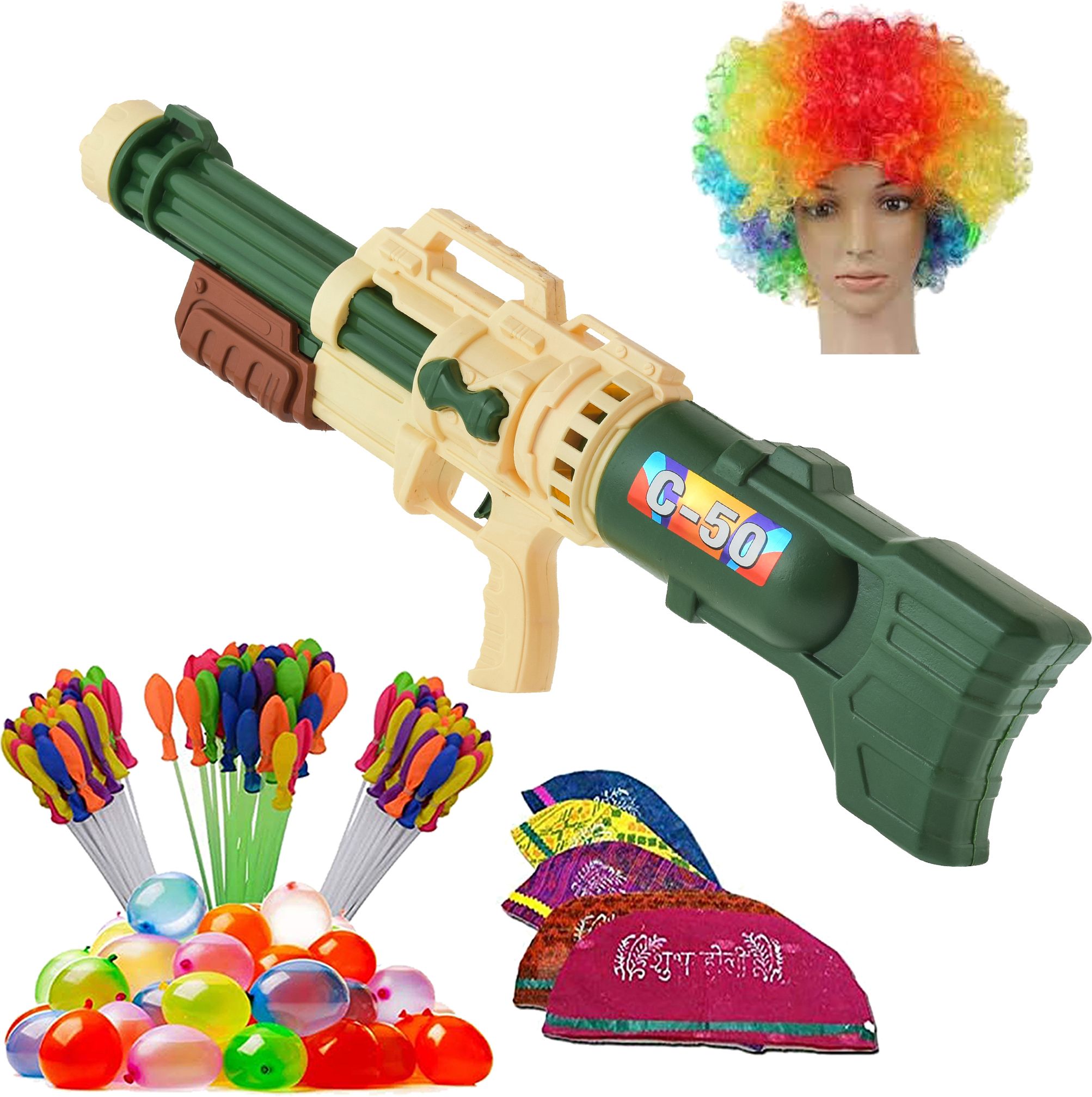 (1 Pichkari+ 3 Magic Balloon+ 10 Holi Cap+ 1 Malinga Wig)for Kids Holi Party Fun Water Gun-image-48