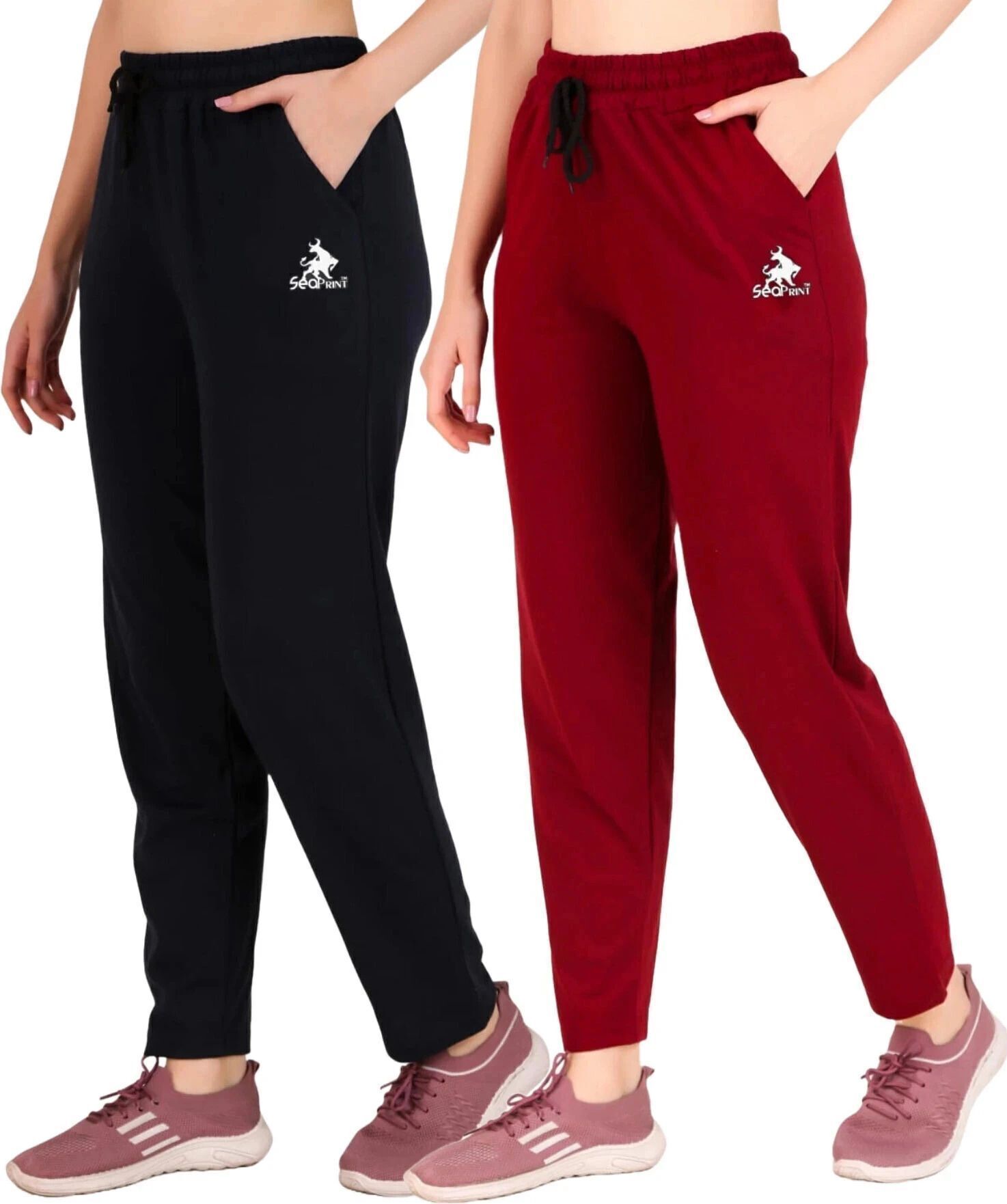 Pack of 2 Women Solid Dark Blue, Maroon Track Pants-image-11