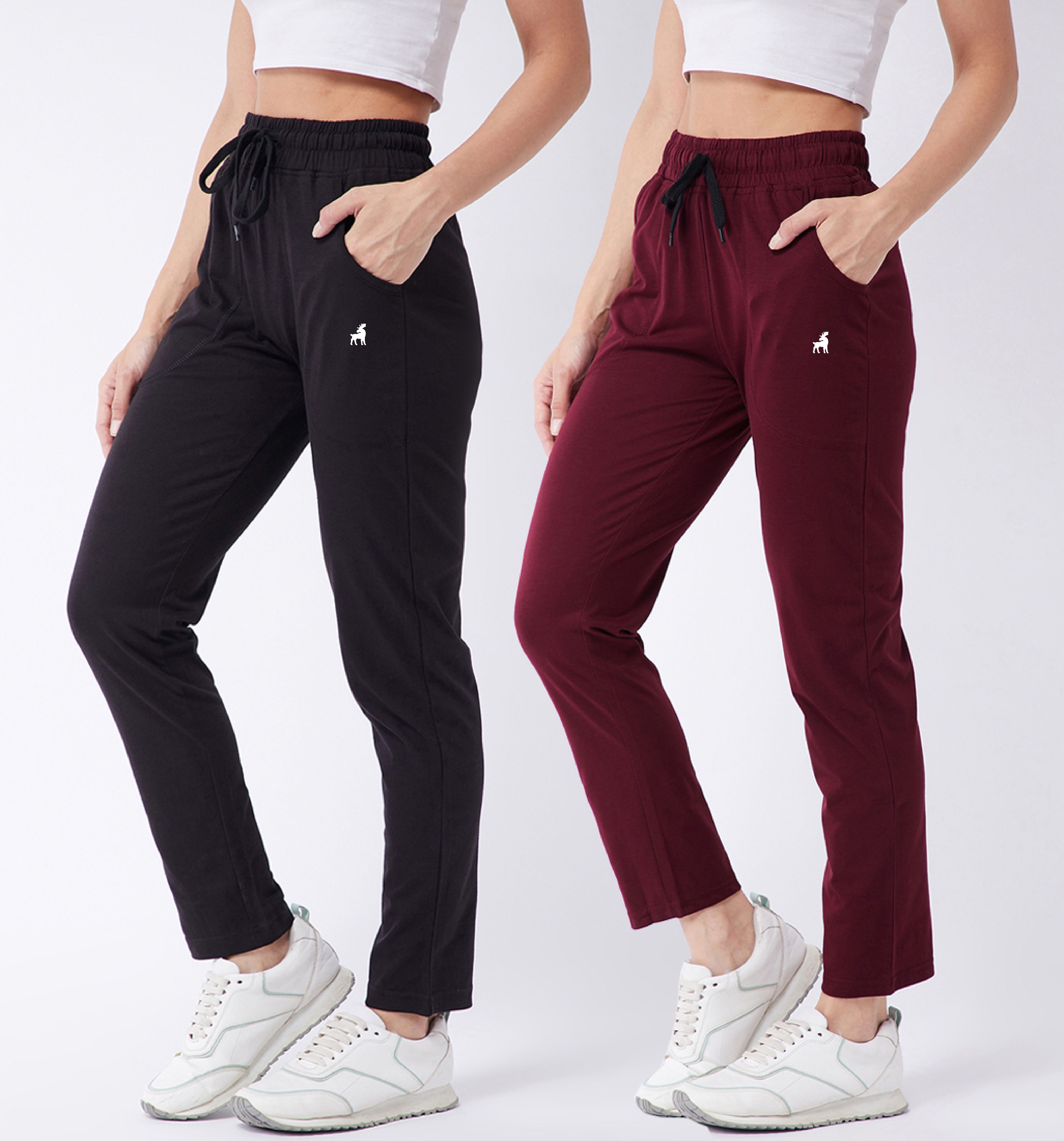 modeve Pack of 2 Women Solid Maroon, Black Track Pants-picture-27