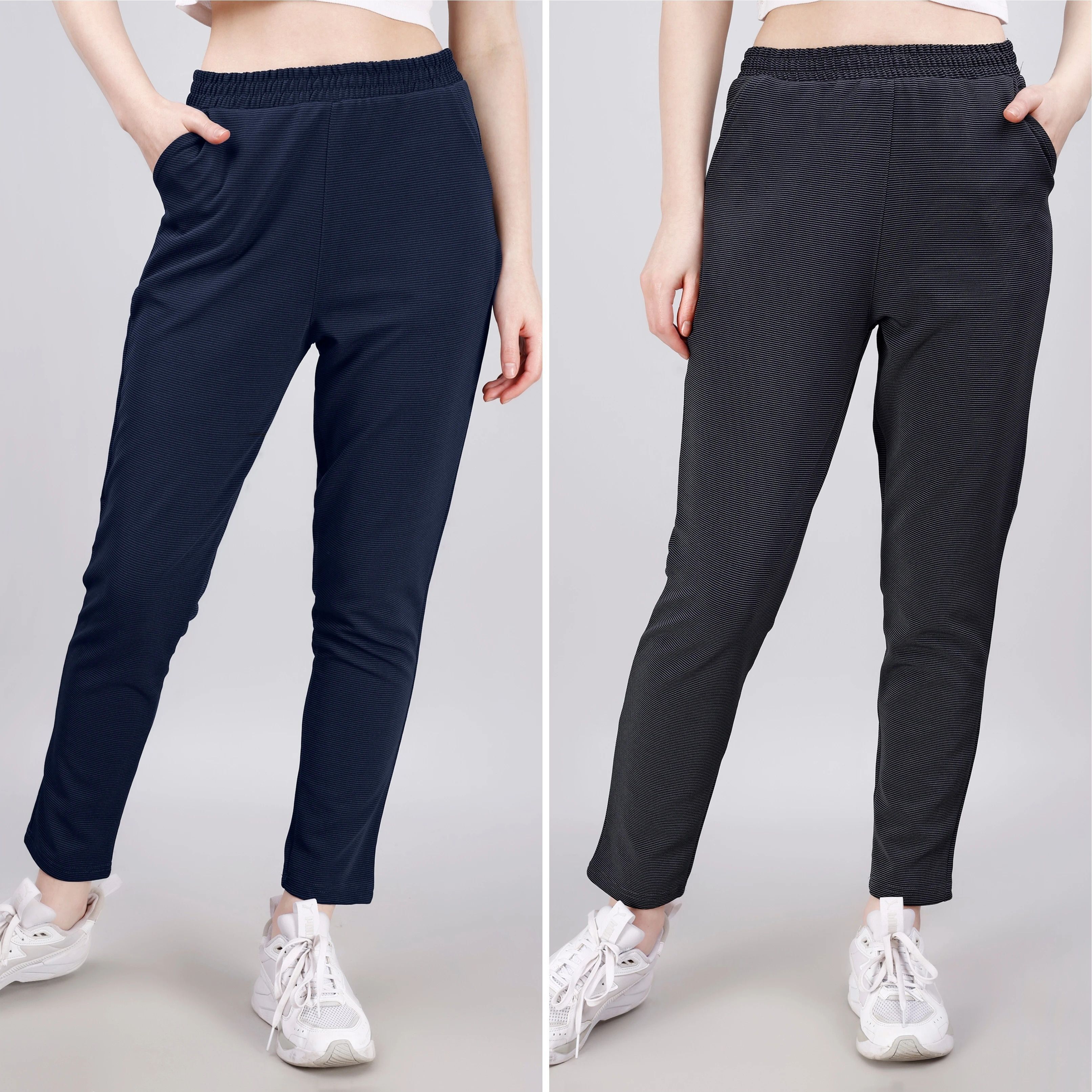 leewan Pack of 2 Women Solid Dark Blue, Grey Track Pants-picture-10