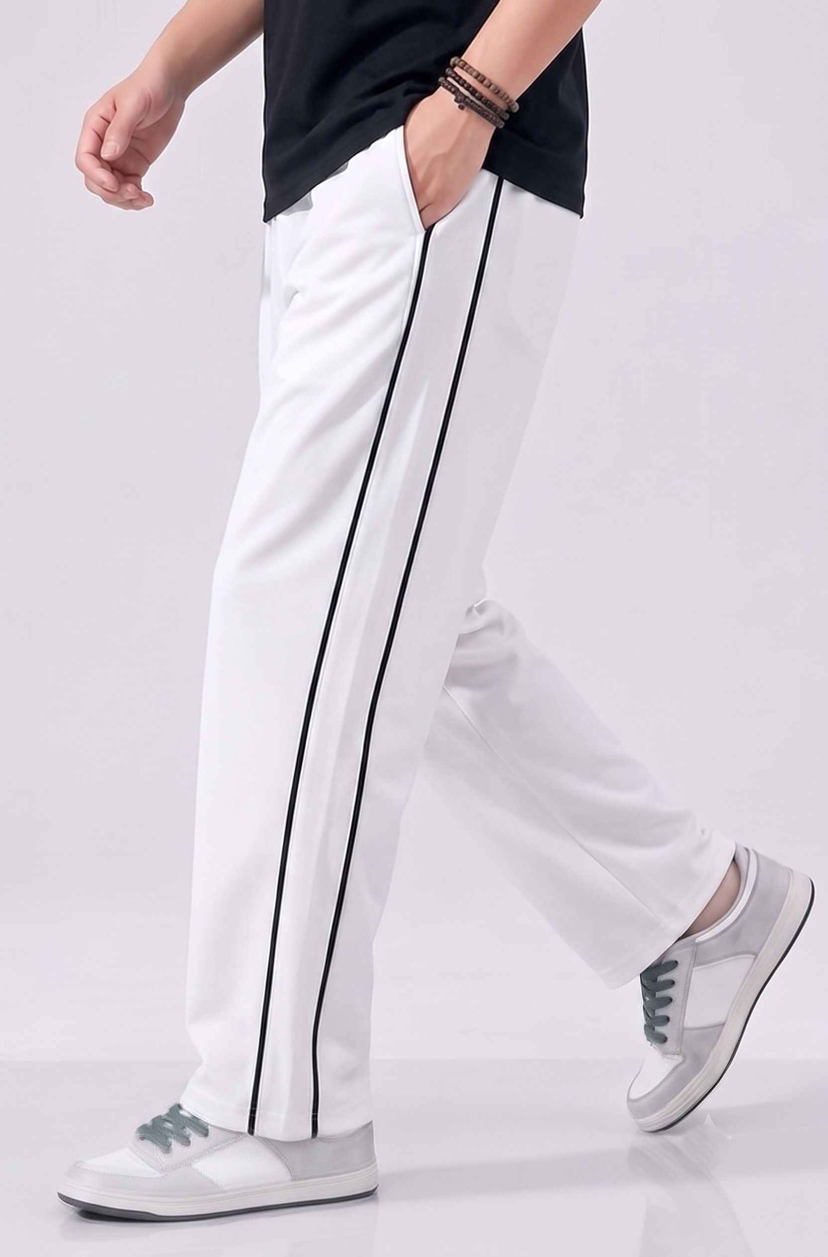 fabbaze Men Striped White Track Pants-picture-0