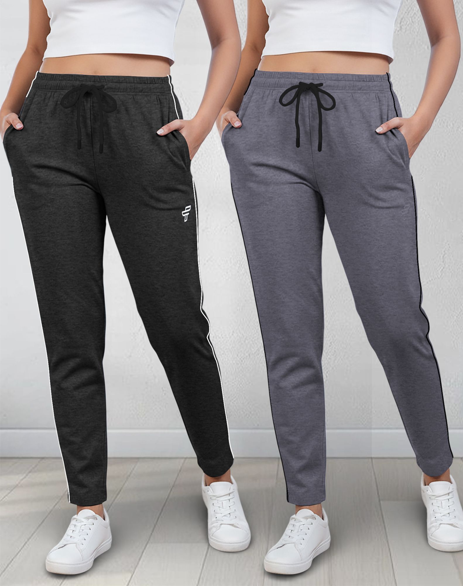 Pack of 2 Women Solid Black, Grey Track Pants-image-7