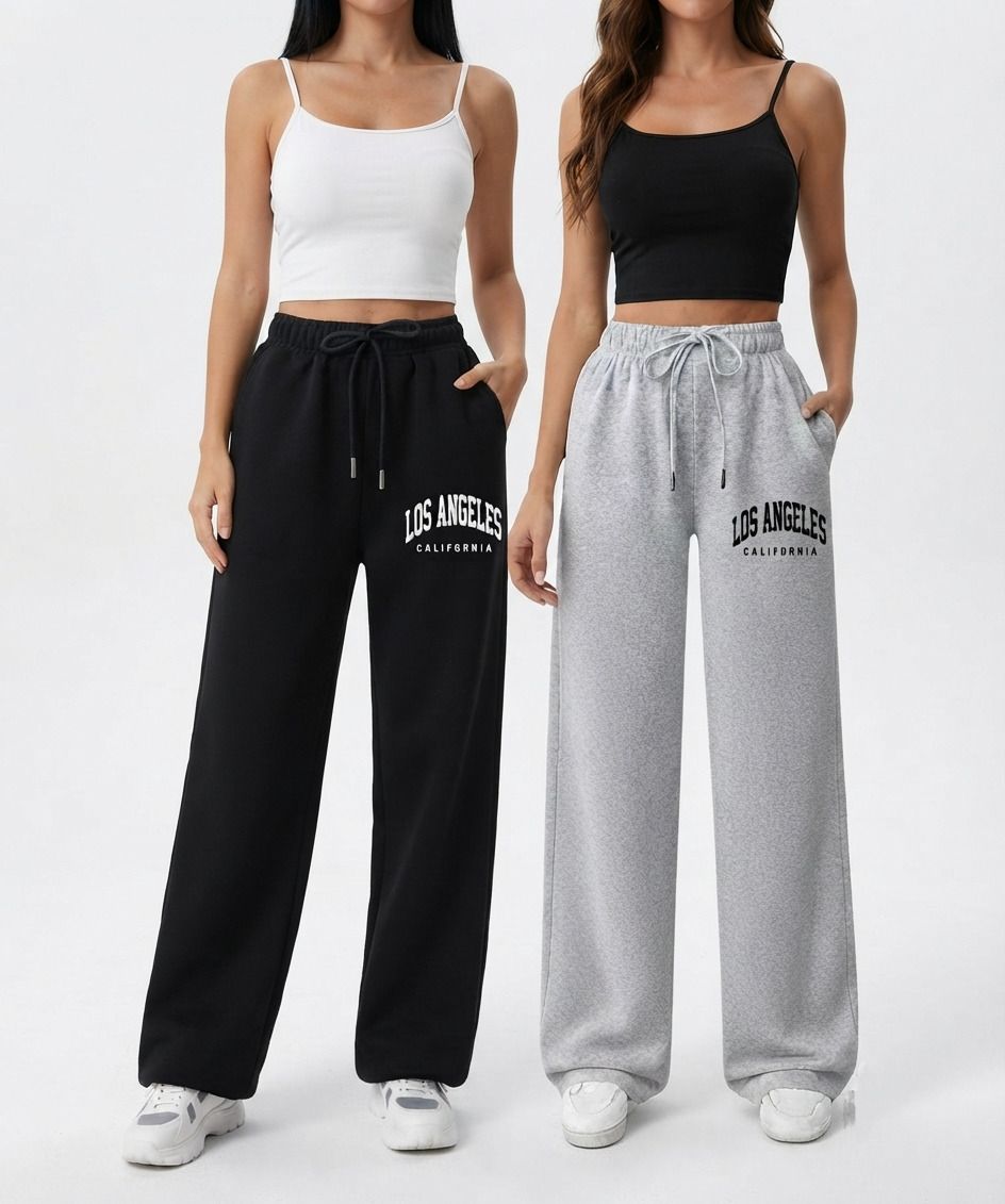 dsdfashion Pack of 2 Women Solid, Graphic Print Black, Grey Track Pants-picture-39