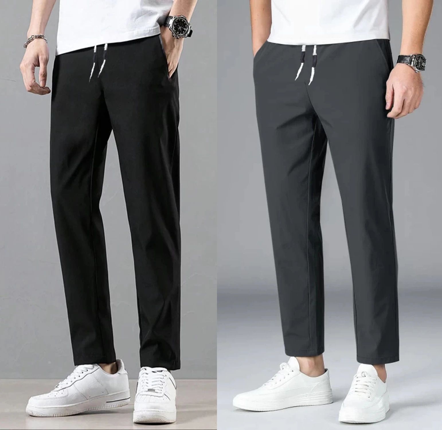 Pack of 2 Men Self Design Black, Grey Track Pants
