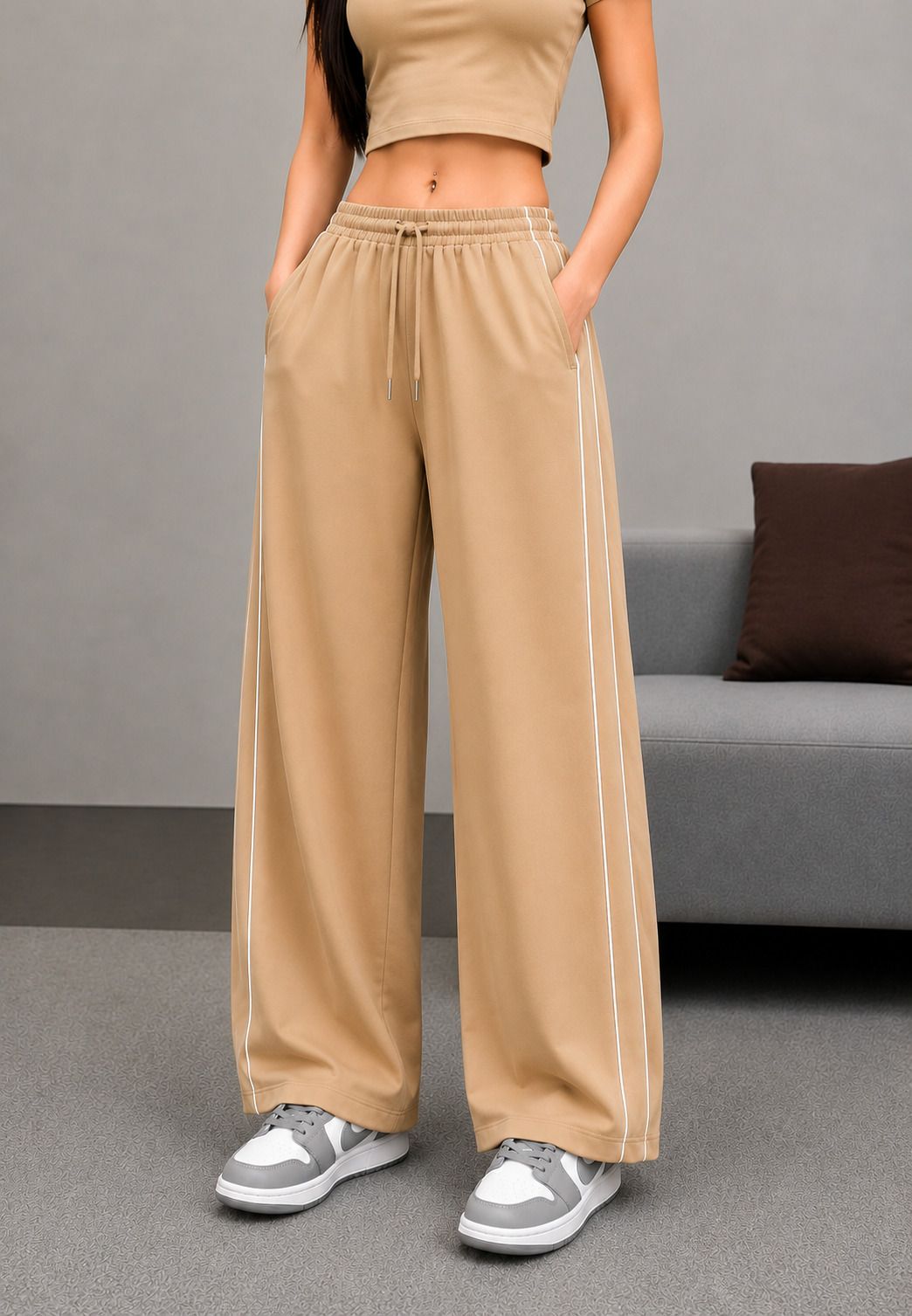 goldenhub Women Solid, Striped Beige Track Pants-picture-20