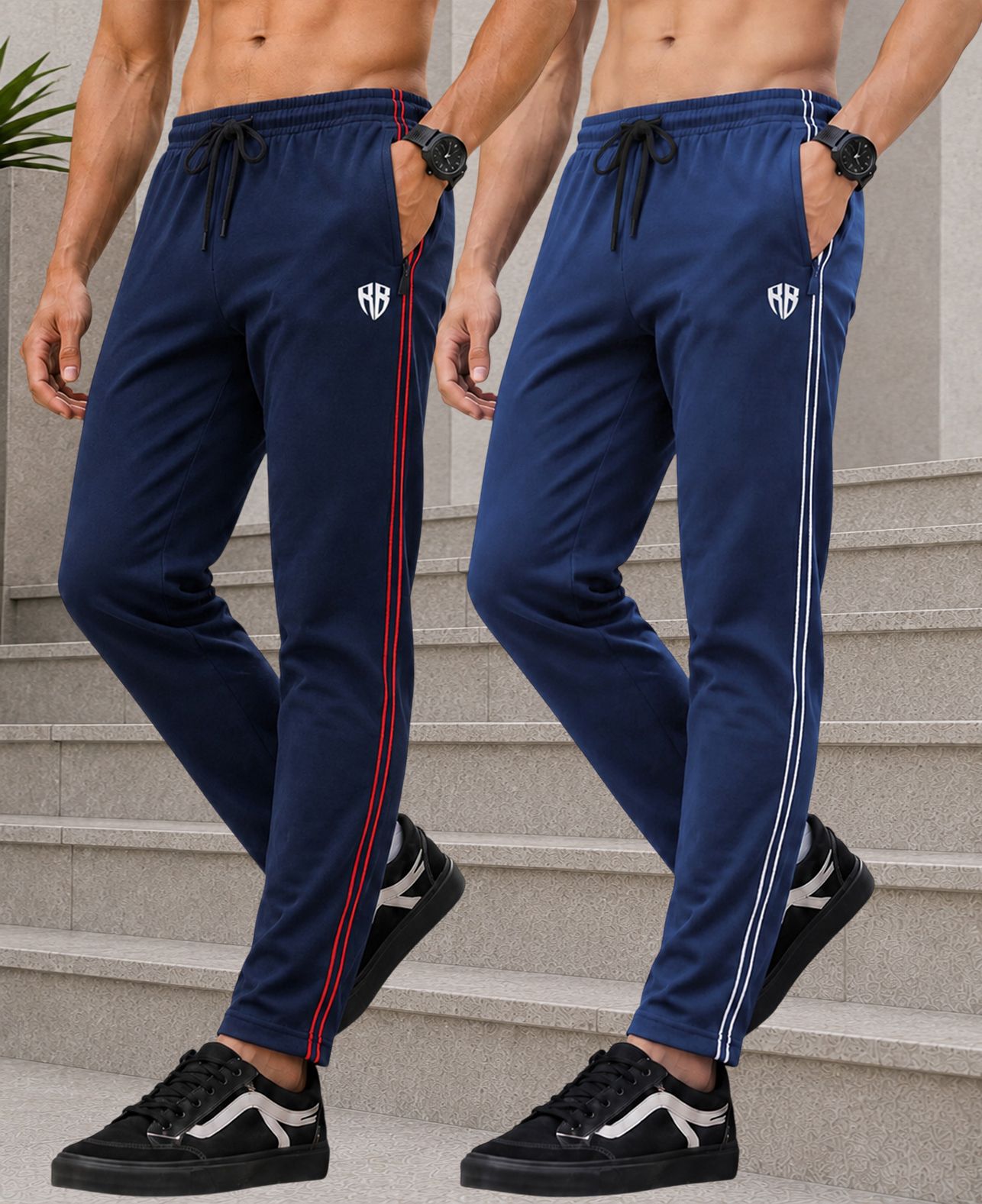 Pack of 2 Men Solid Dark Blue, Blue Track Pants-image-27