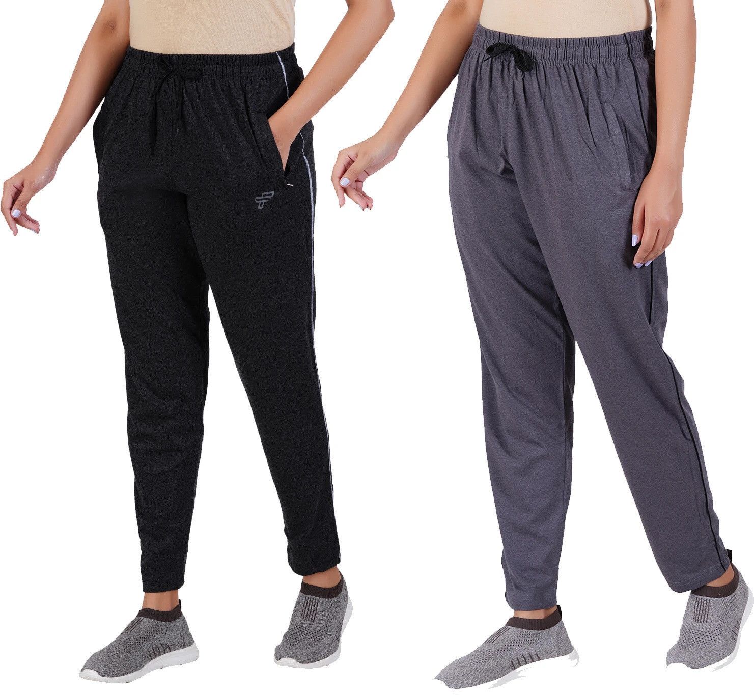 Pack of 2 Women Solid Black, Grey Track Pants