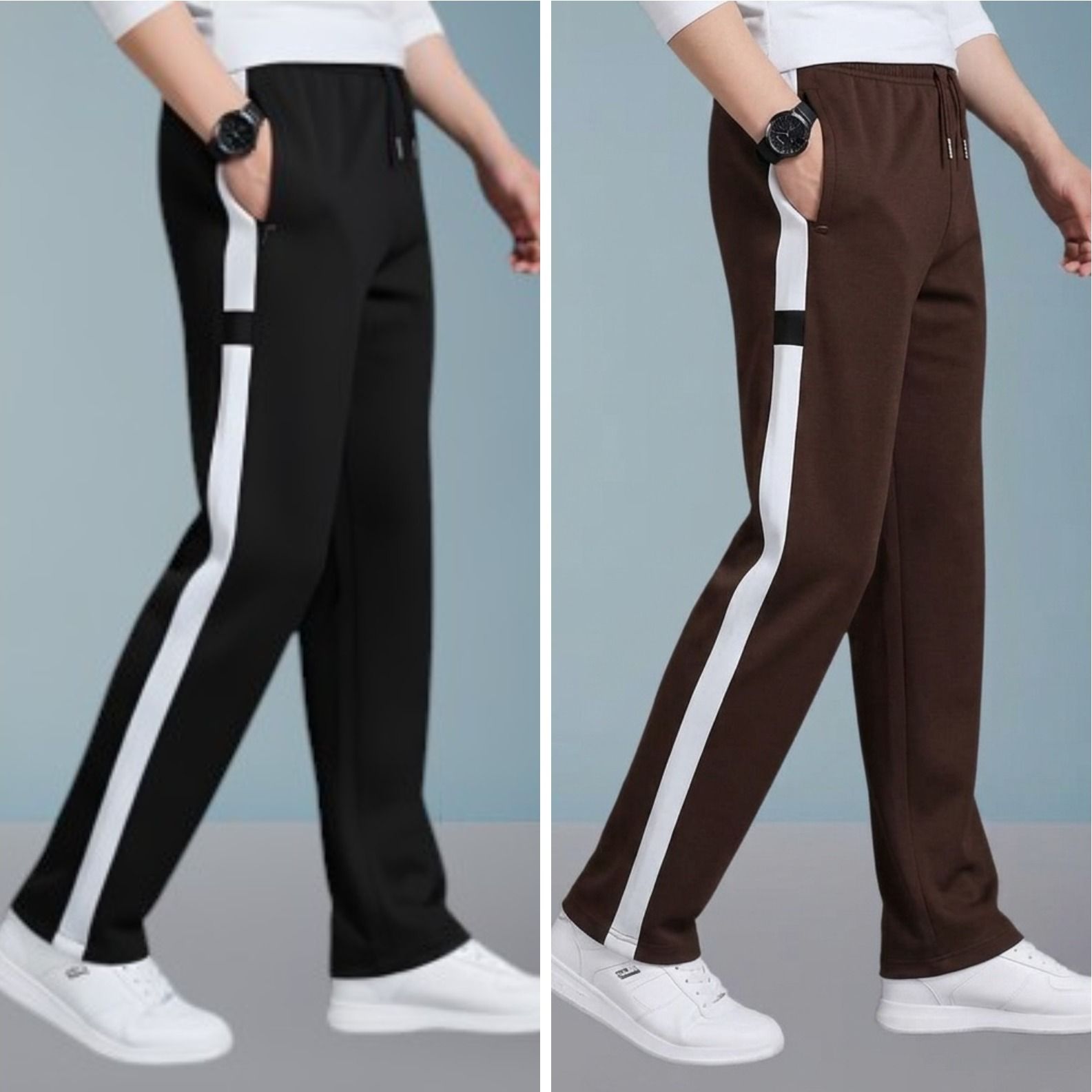 fly wind Pack of 2 Men Solid, Striped Black, Brown Track Pants-picture-2