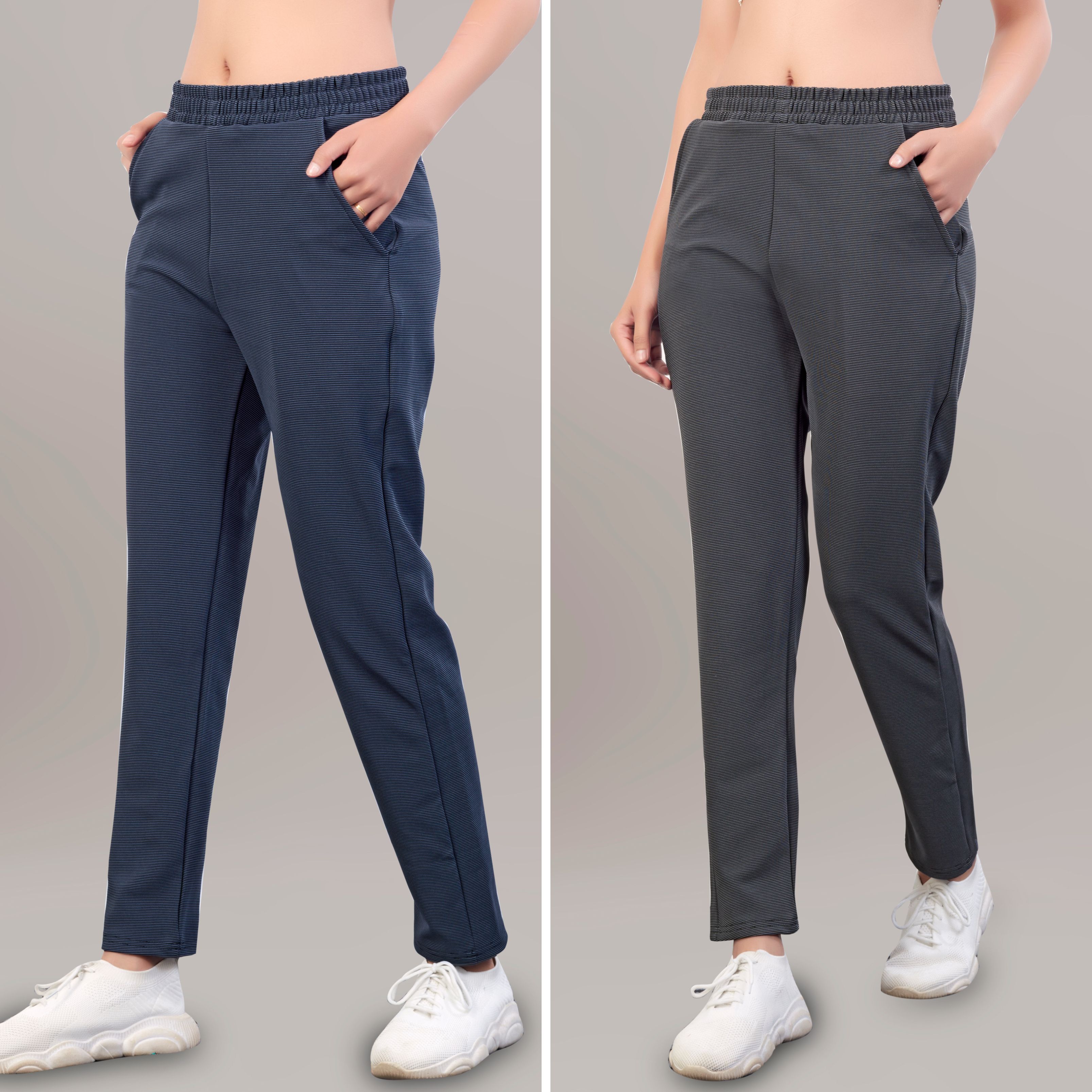 leewan Pack of 2 Women Solid Dark Blue, Grey Track Pants-picture-15