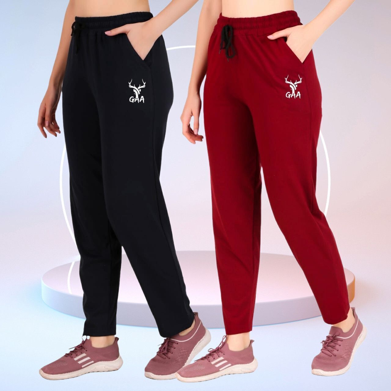 gaa Pack of 2 Women Solid Dark Blue, Maroon Track Pants-picture-21