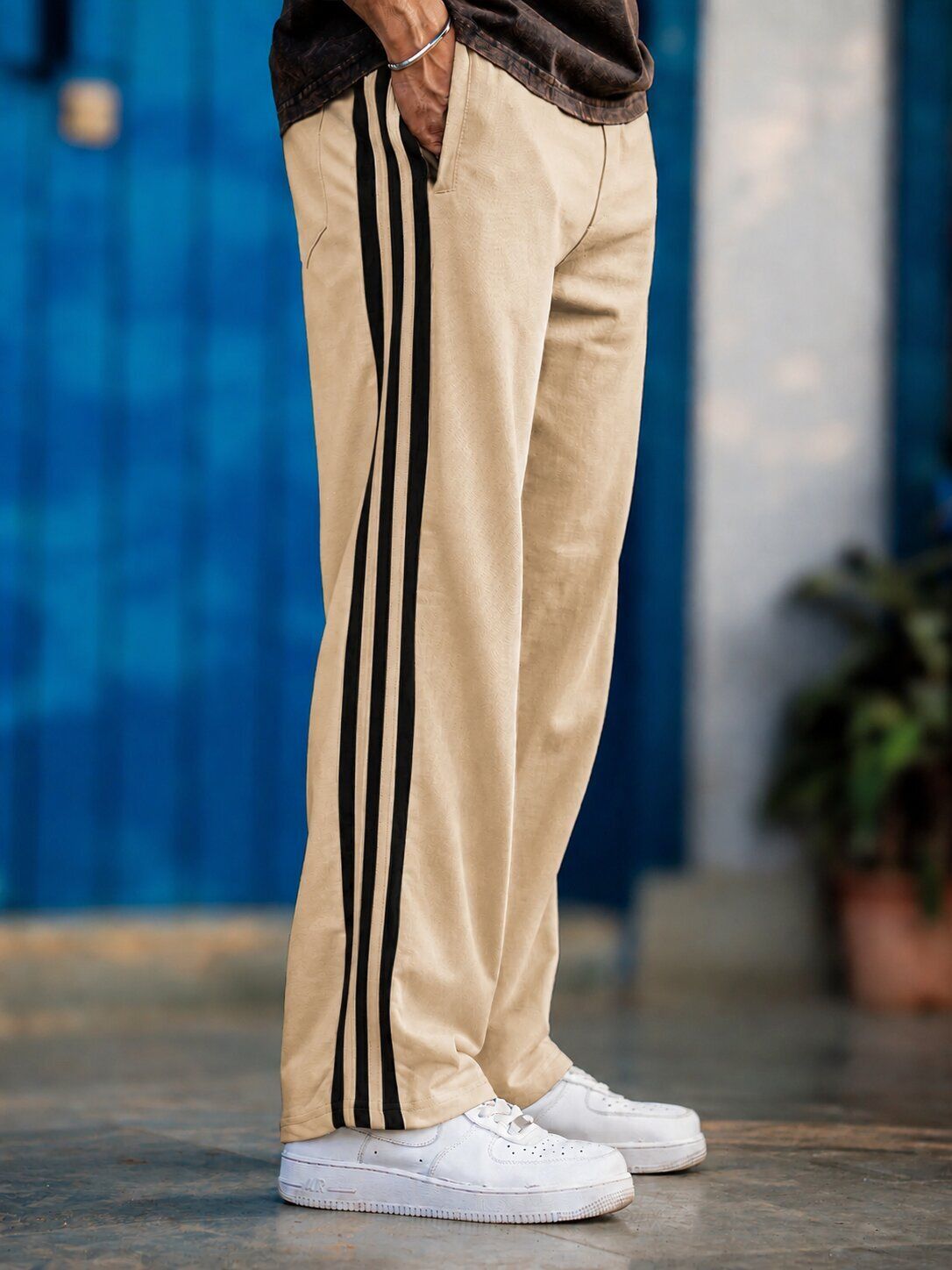 Men Striped Beige, Black Track Pants-image-33