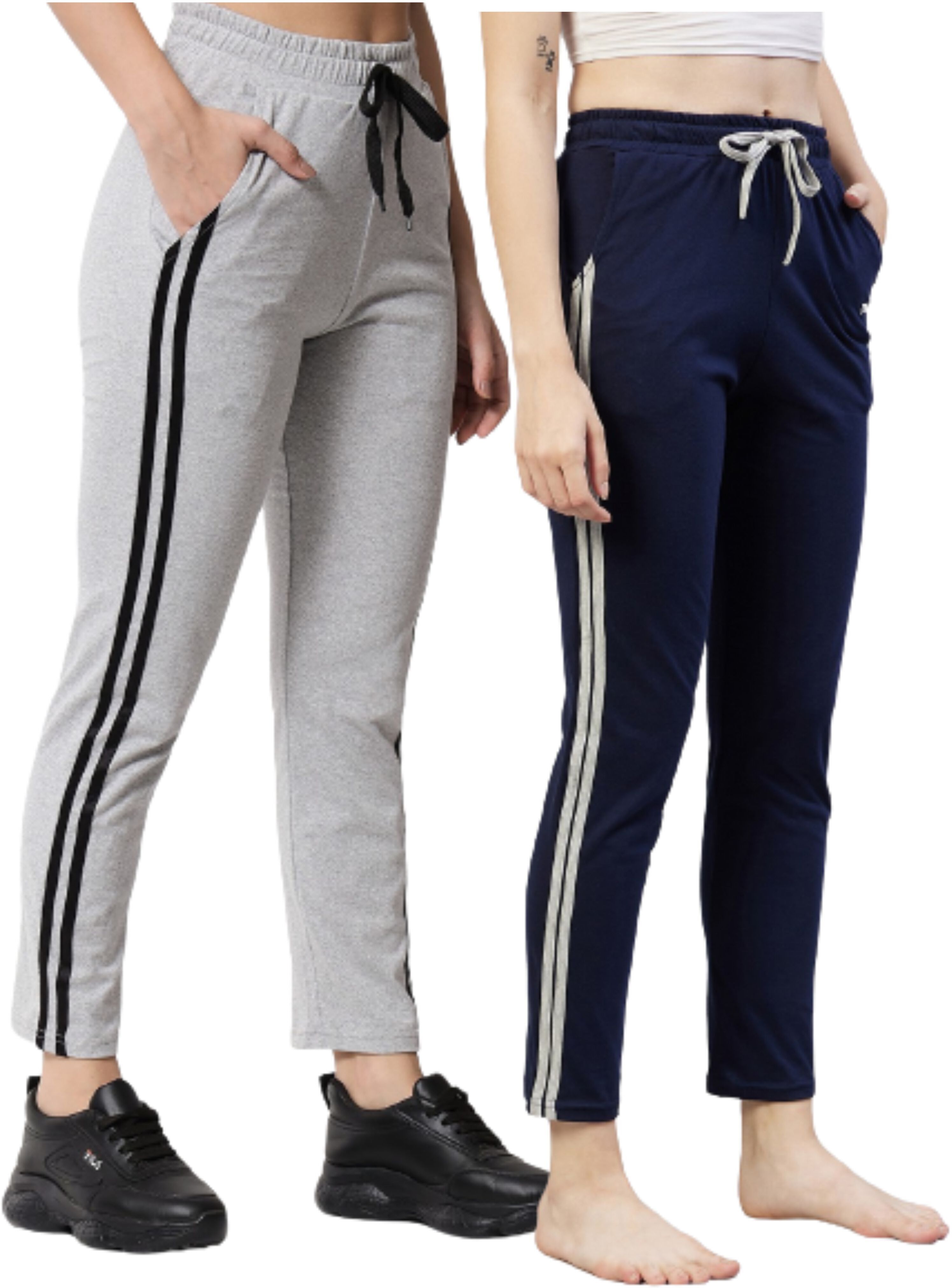 trendefy Pack of 2 Women Solid, Striped Dark Blue, Grey Track Pants-picture-20