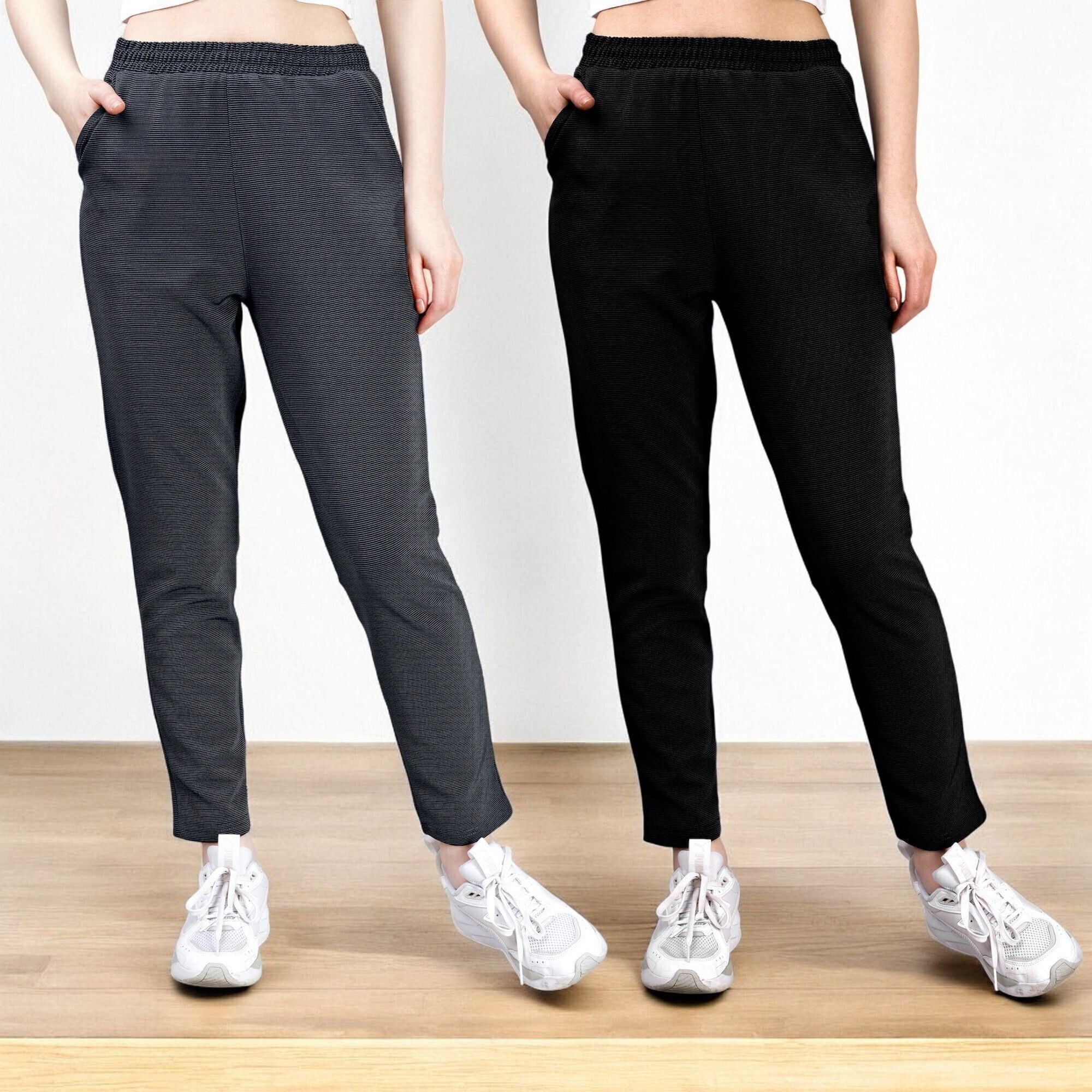 leewan Pack of 2 Women Solid Black, Grey Track Pants-picture-8