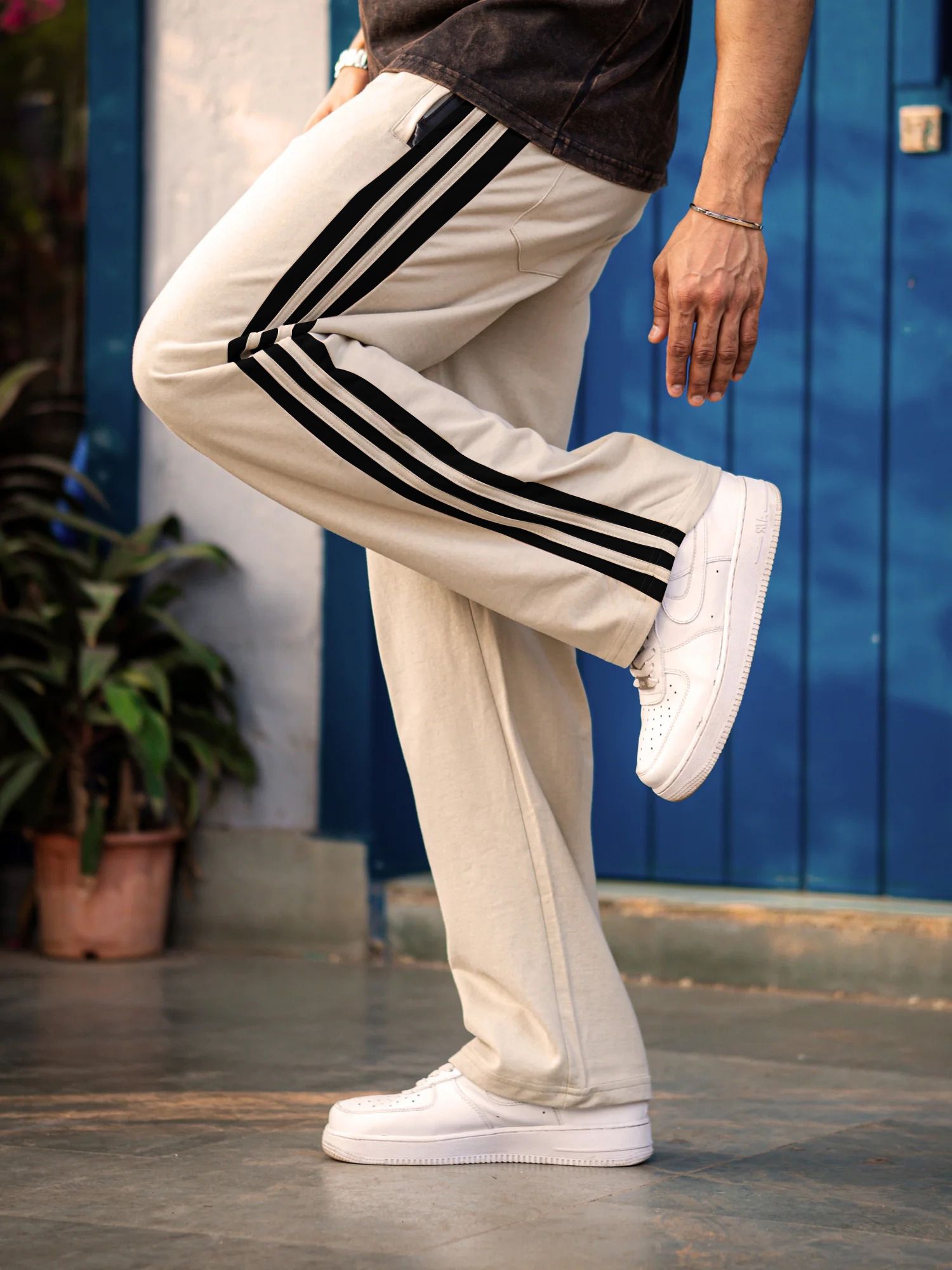 Men Striped Beige Track Pants-image-43
