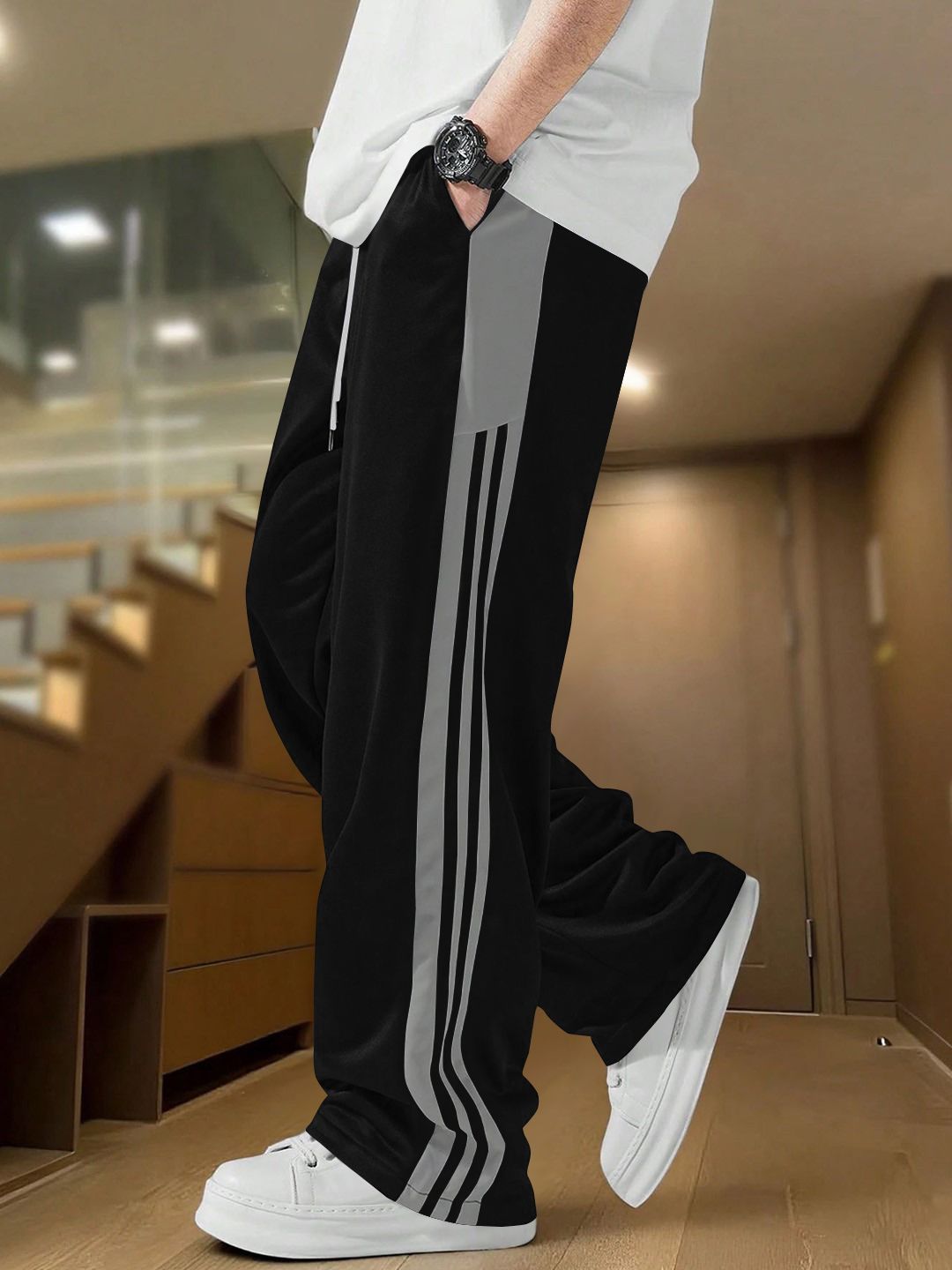 Men Solid, Striped, Colorblock Black, Grey Track Pants-image-30