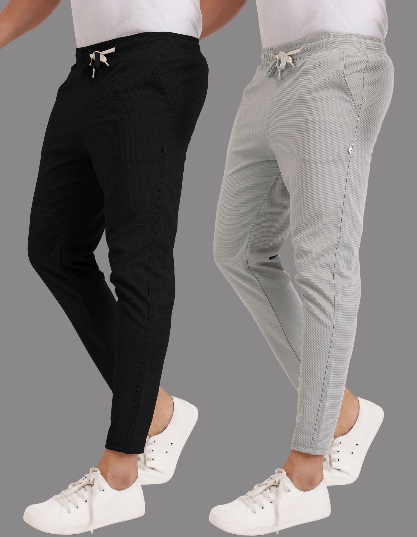 Pack of 2 Men Solid Black, Grey Track Pants