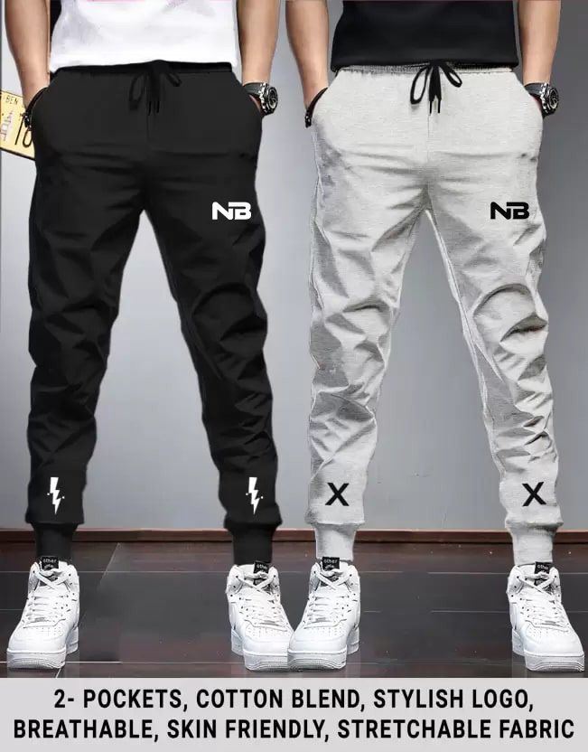 Pack of 2 Men Printed Black, Grey Track Pants