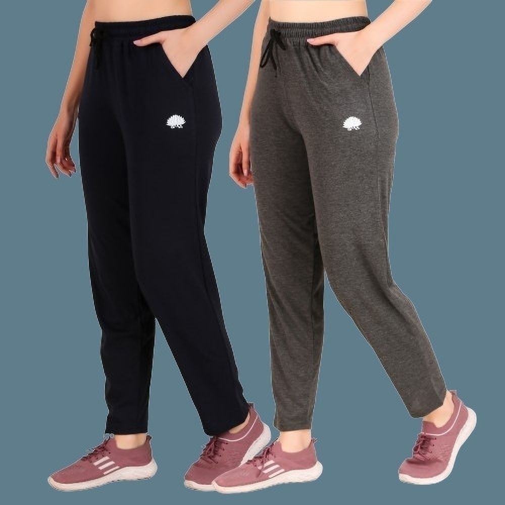 Pack of 2 Women Solid Dark Blue, Grey Track Pants-image-49