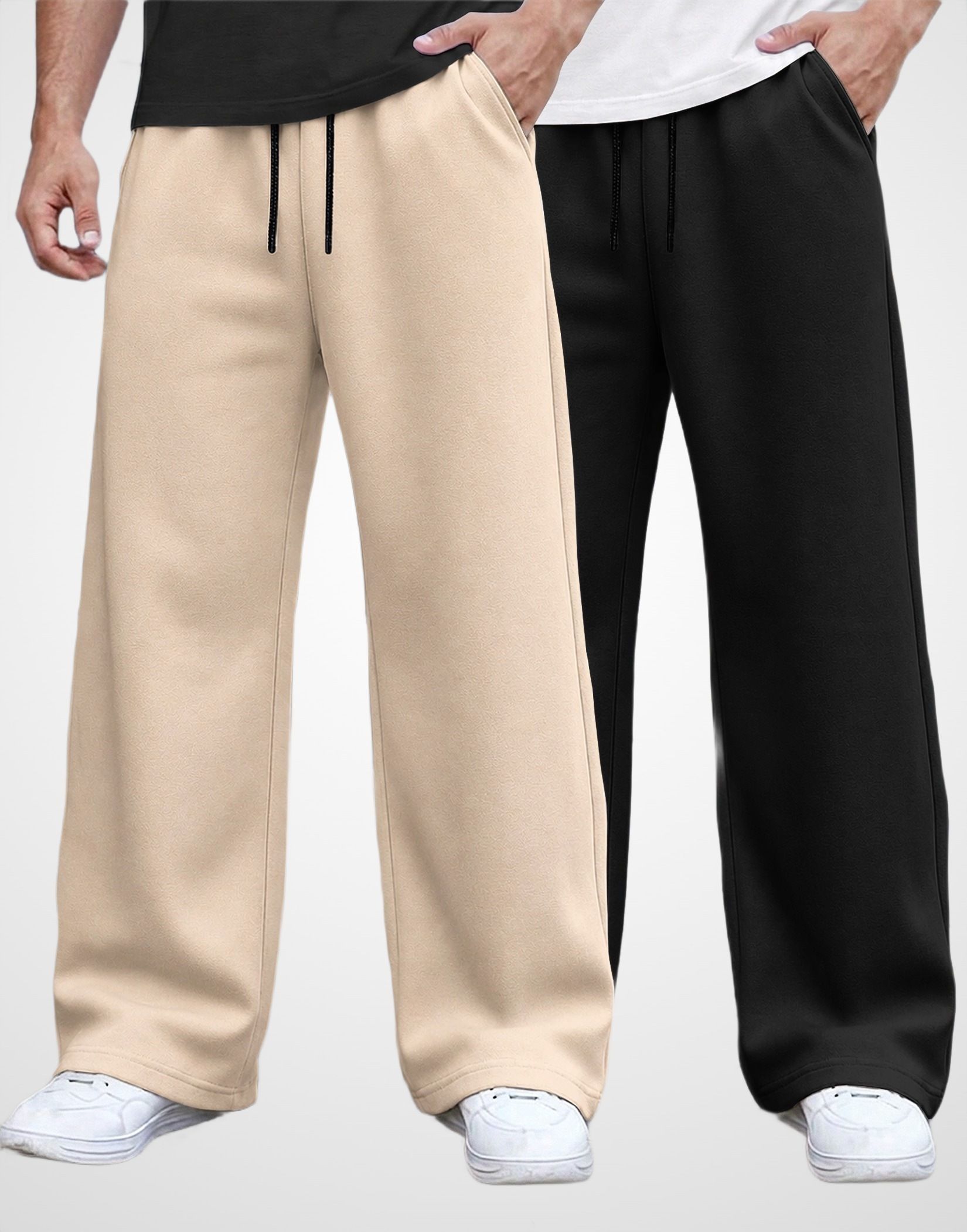 madbros Pack of 2 Men Solid Beige, Black Track Pants-picture-2