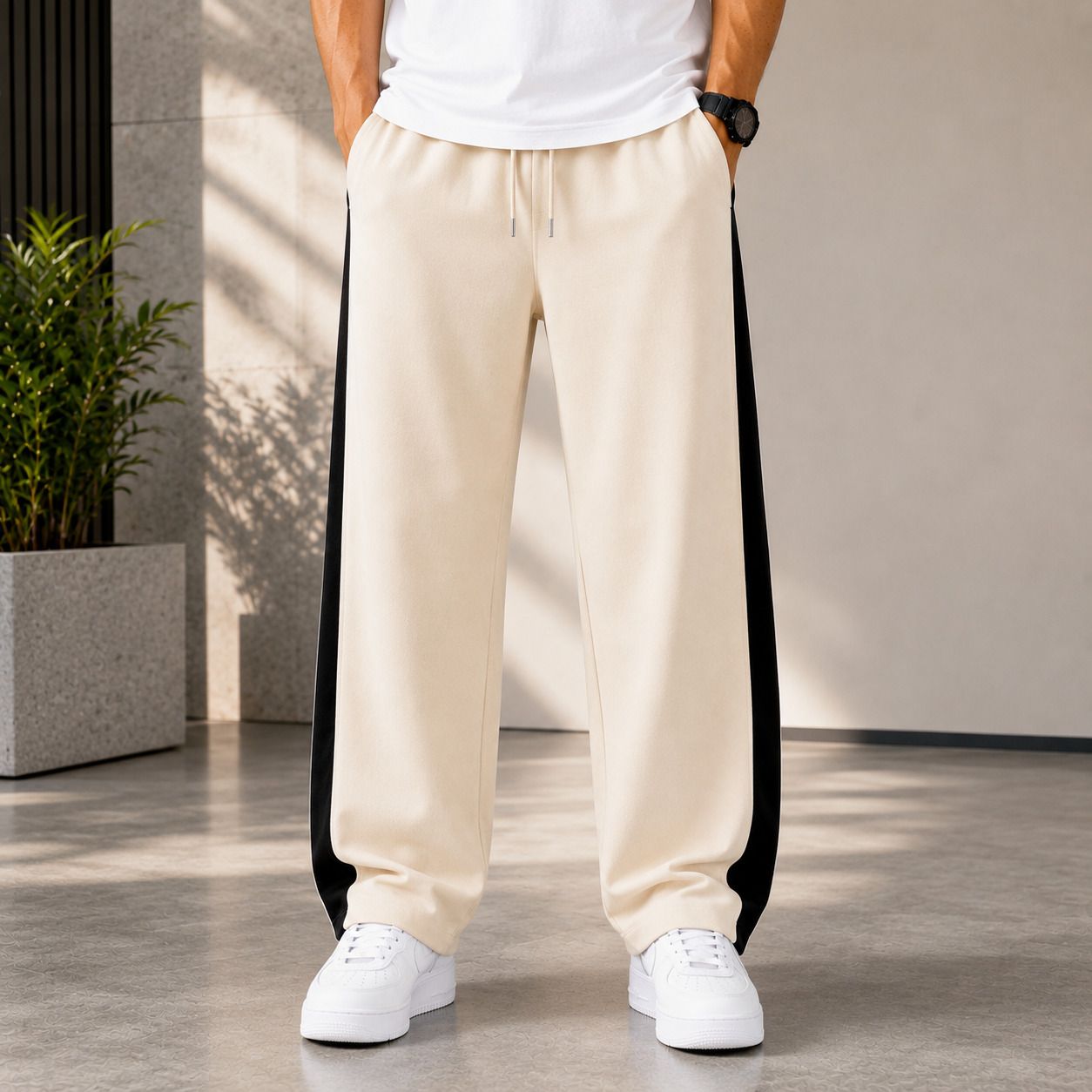 Men Colorblock Beige Track Pants-image-33