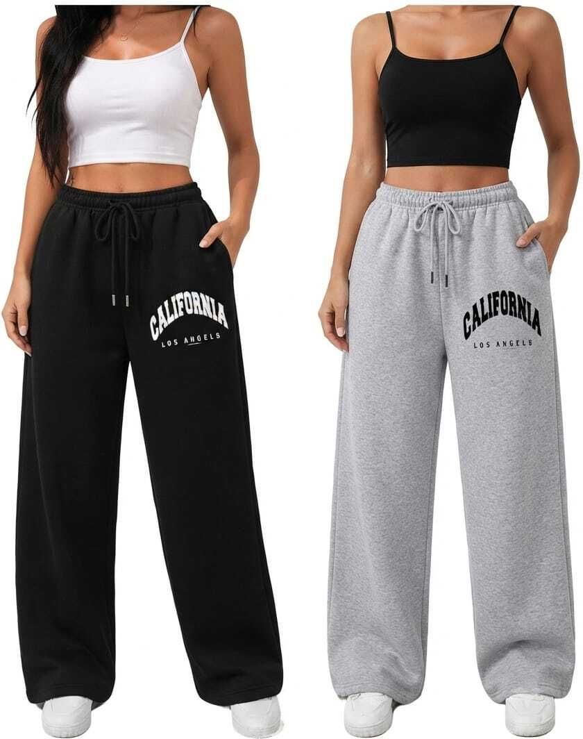 dsdfashion Pack of 2 Women Solid, Graphic Print Black, Grey Track Pants-picture-18