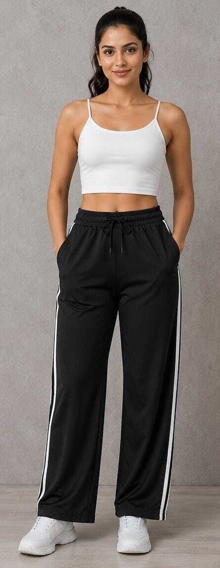 Women Striped Black, White Track Pants-image-46