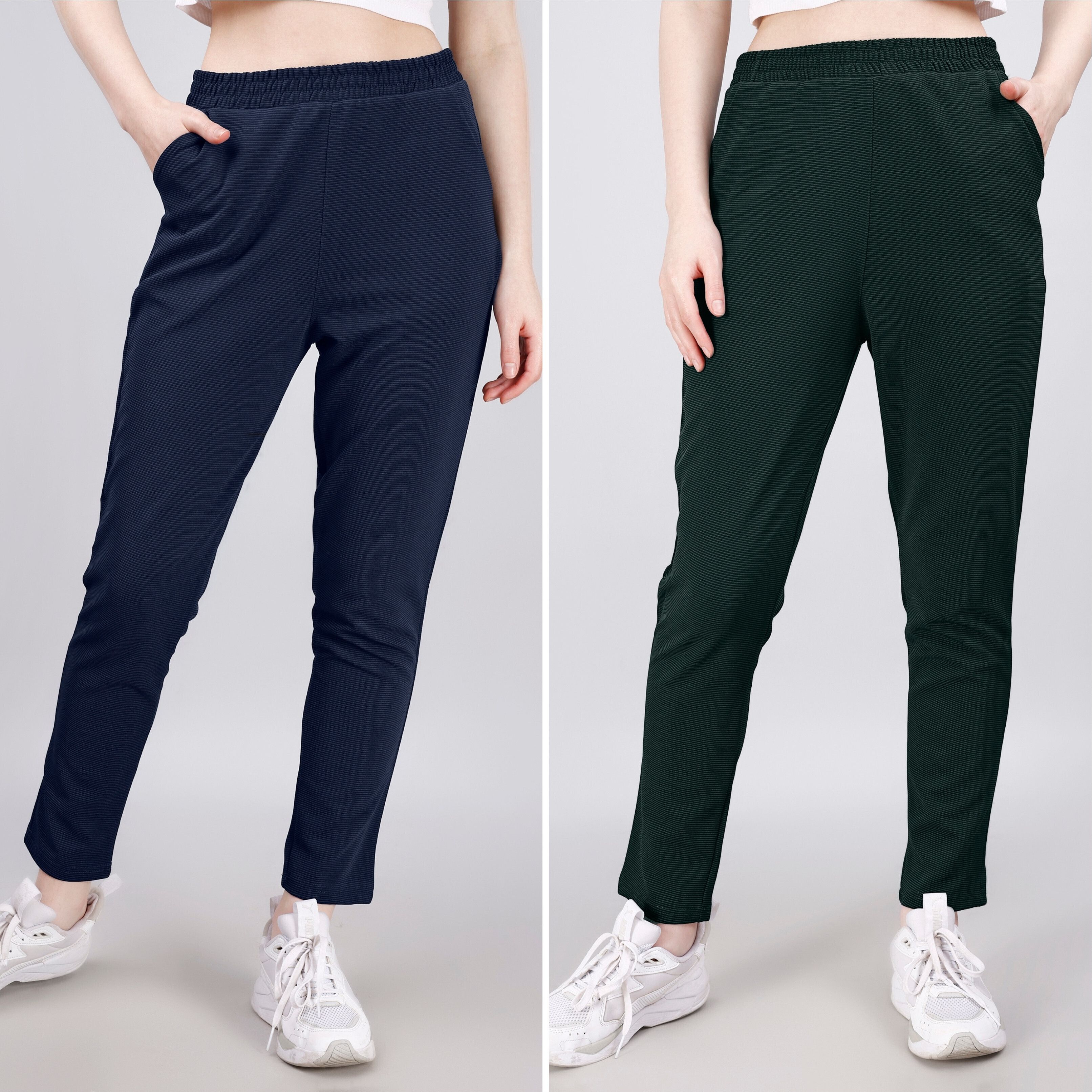 leewan Pack of 2 Women Solid Dark Blue, Dark Green Track Pants-picture-16
