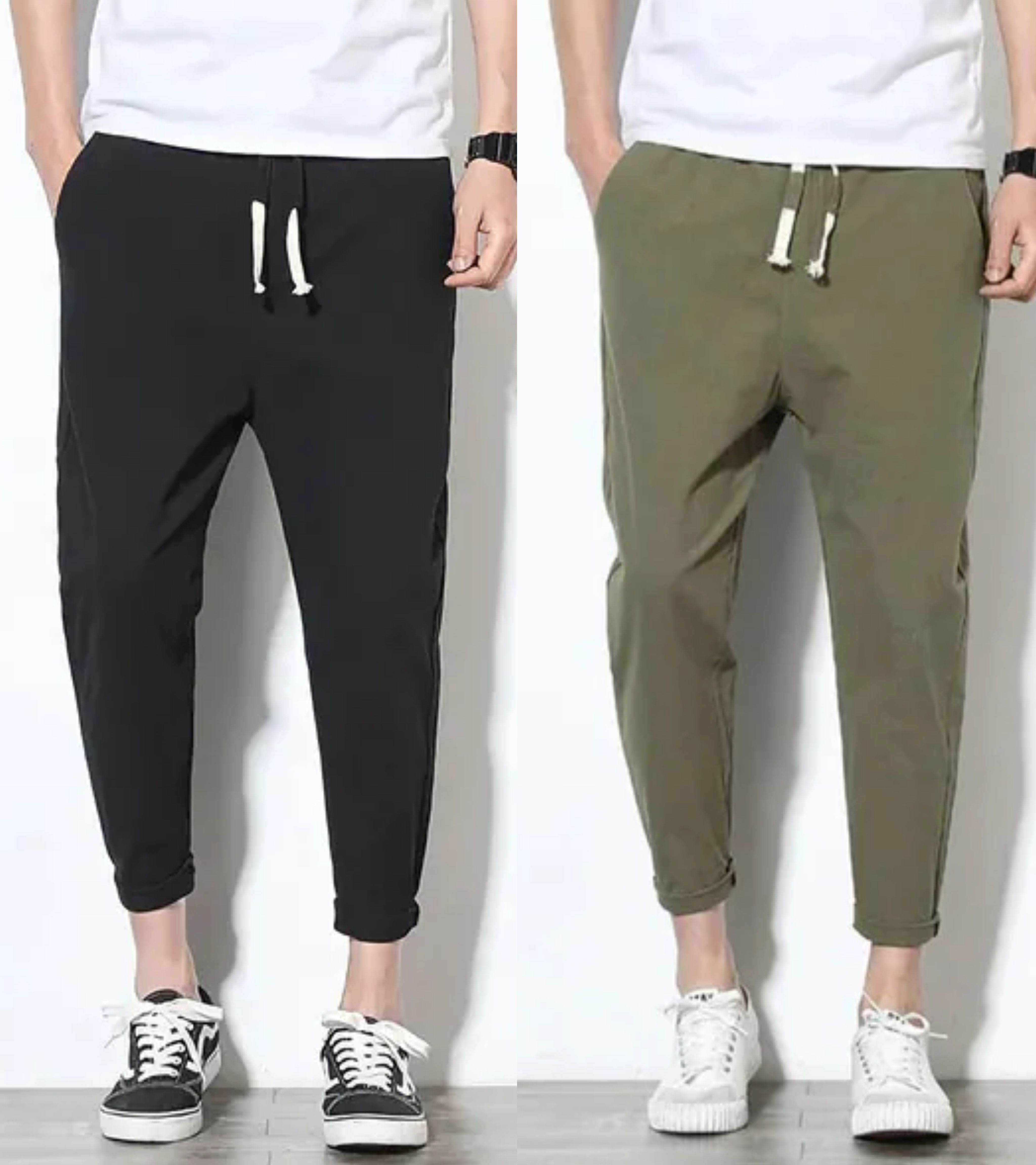 Pack of 2 Men Solid Black, Olive Track Pants