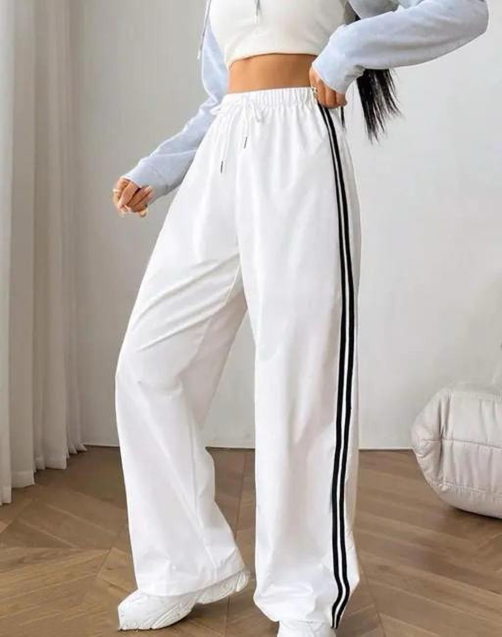 Women Striped White Track Pants