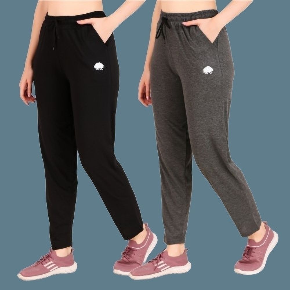 Pack of 2 Women Solid Black, Grey Track Pants