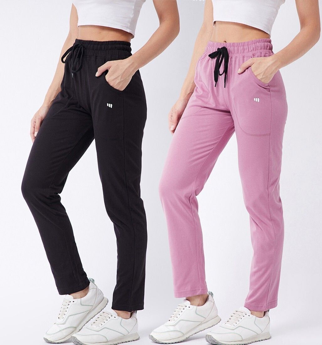modeve Pack of 2 Women Solid Pink, Black Track Pants-picture-25