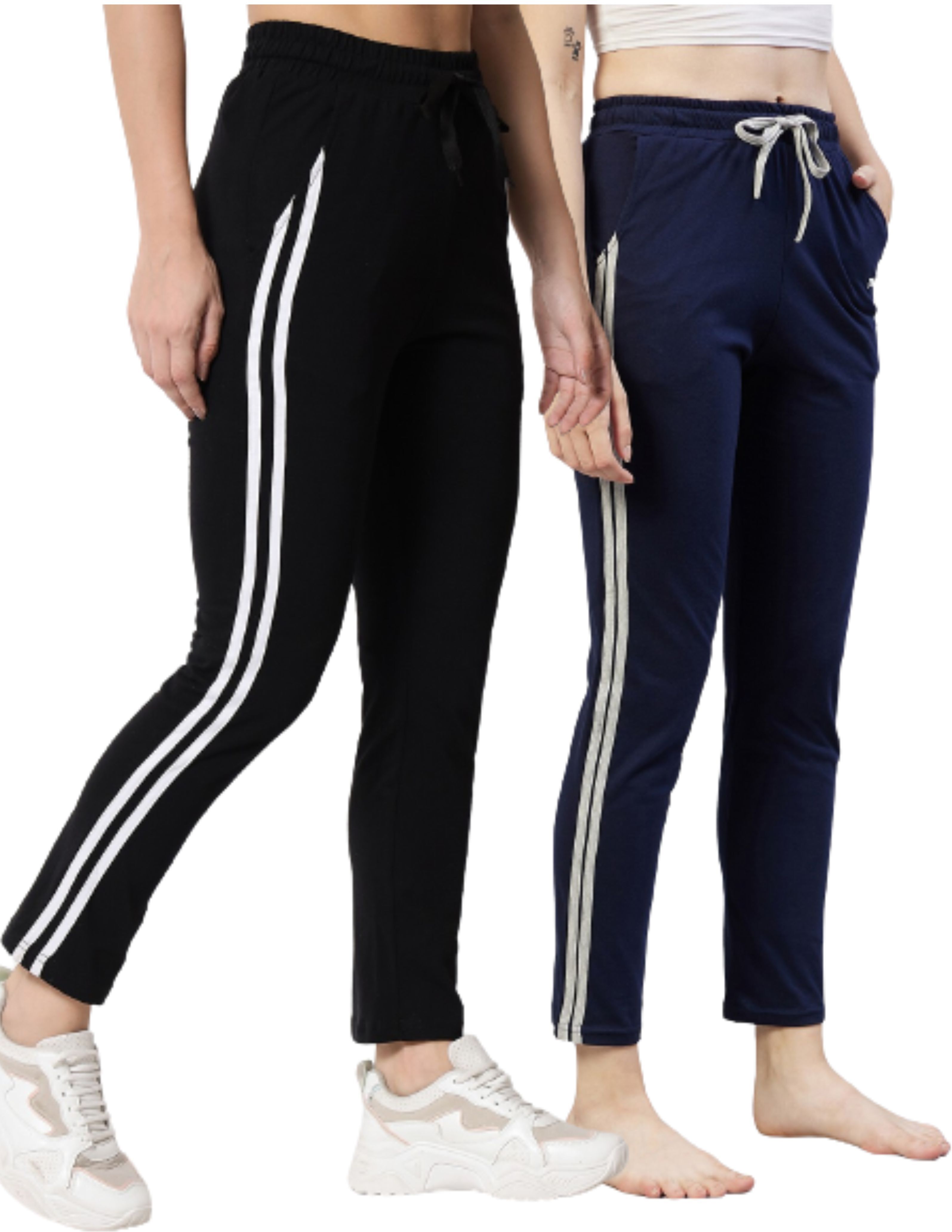 trendefy Pack of 2 Women Solid, Striped Black, Dark Blue Track Pants-picture-15