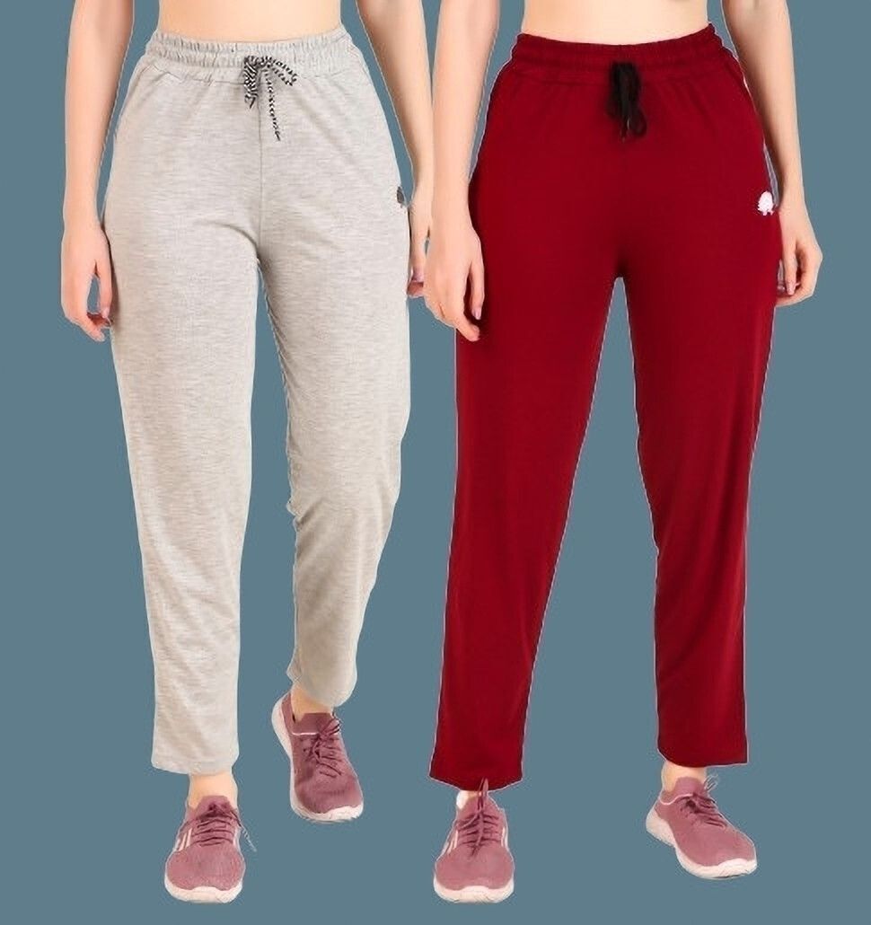gaa Pack of 2 Women Solid Grey, Maroon Track Pants-picture-25