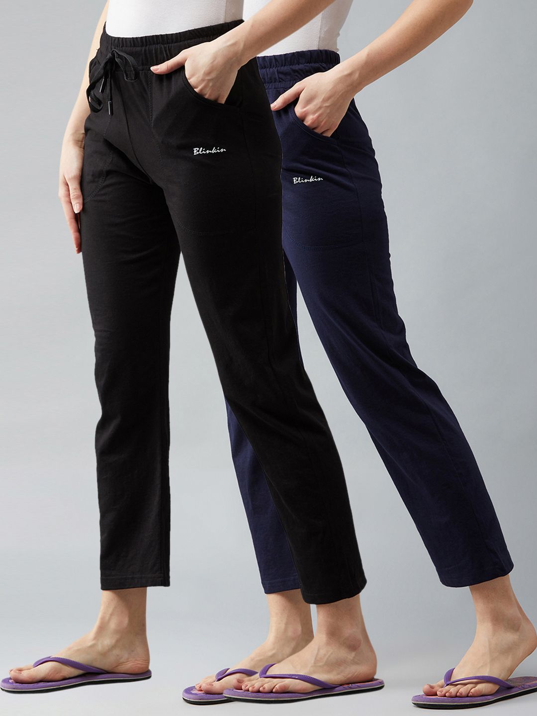 Pack of 2 Women Solid Blue, Black Track Pants