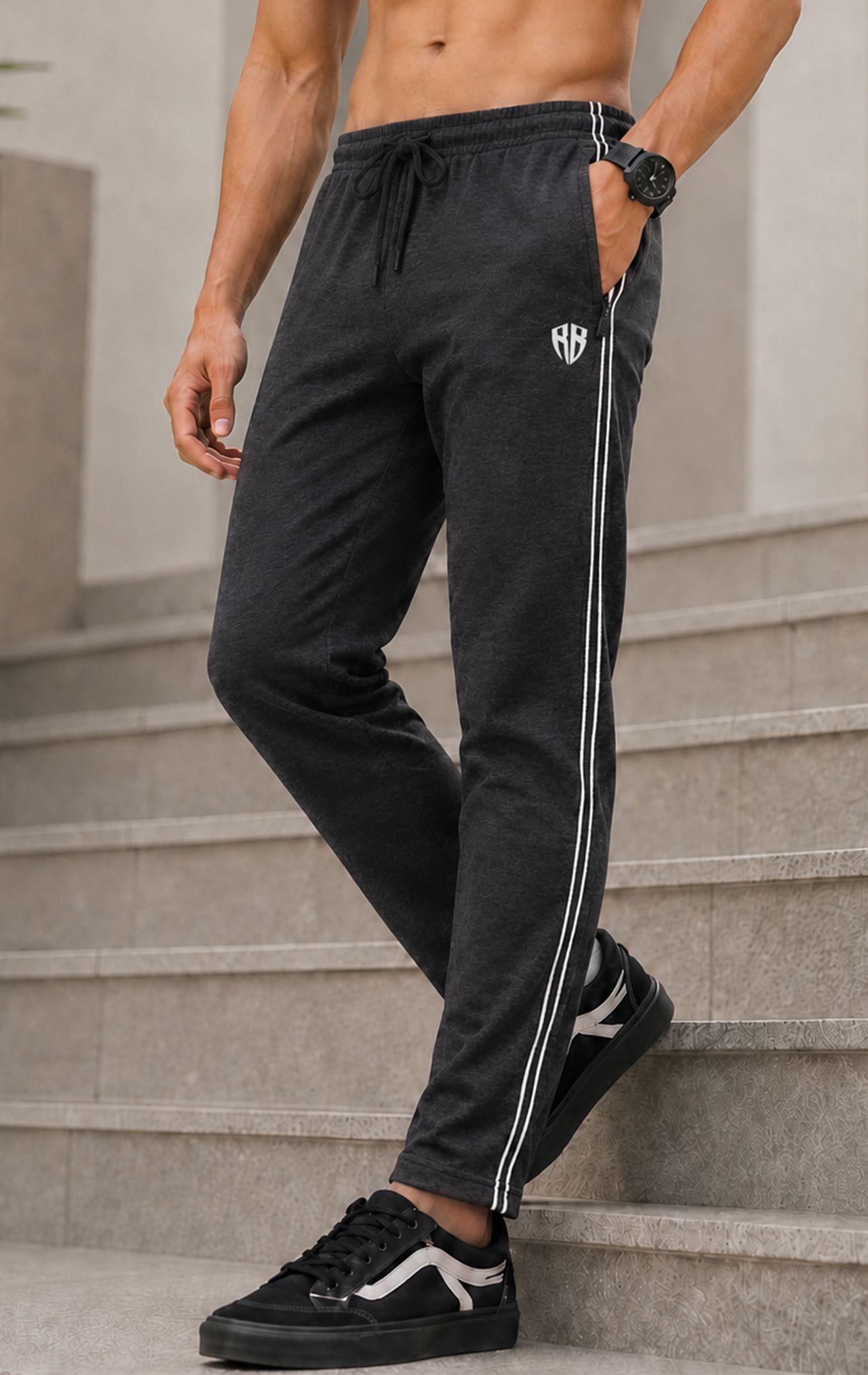 rockbay Men Solid Black, Grey Track Pants-picture-11