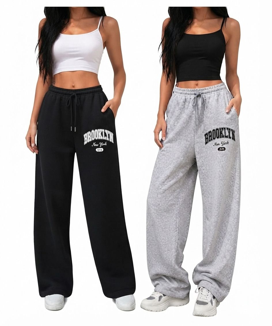 dsdfashion Pack of 2 Women Solid, Graphic Print Black, Grey Track Pants-picture-17